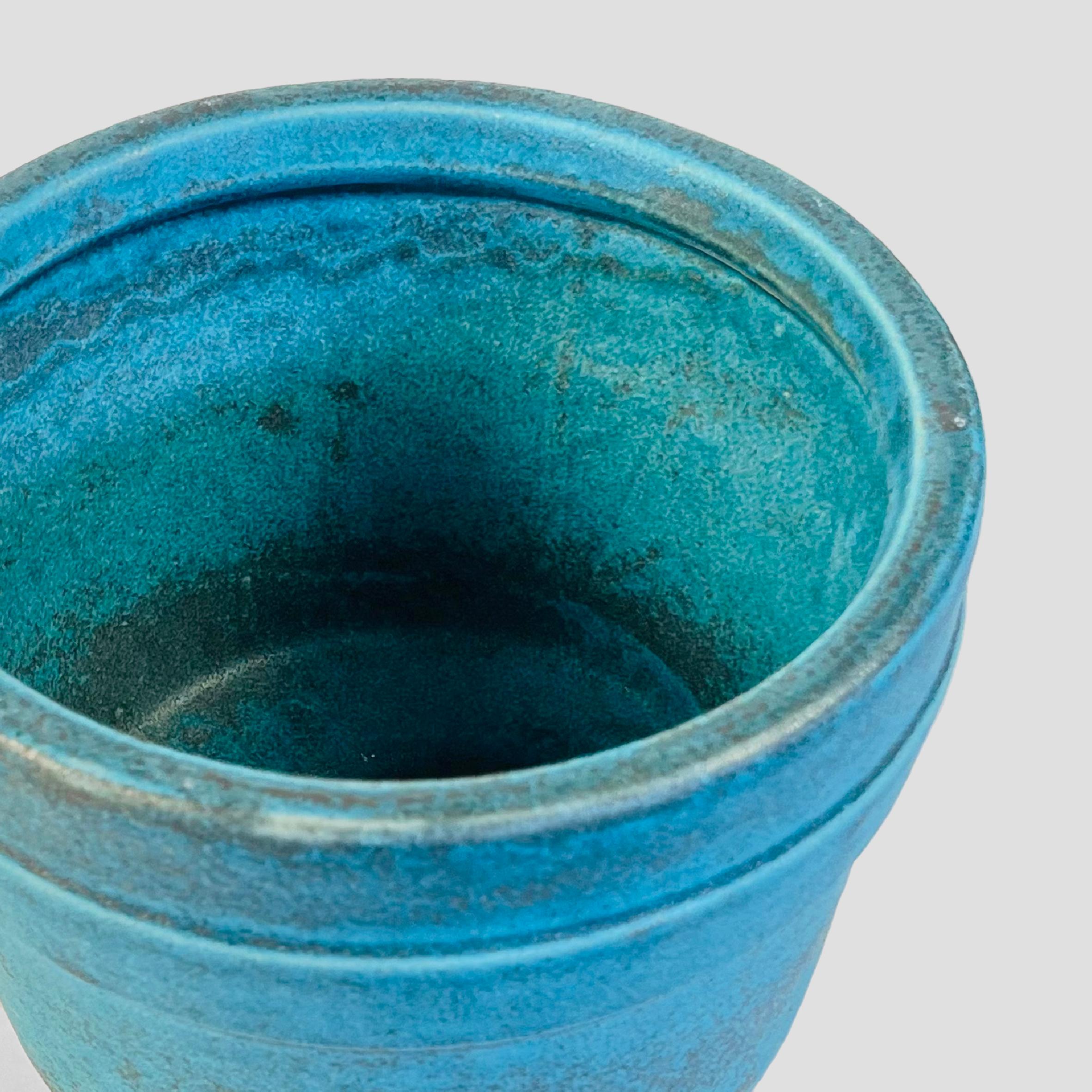 Glazed Ceramic Urn with Beautiful Rusty Cobalt Blue Finish For Sale