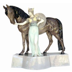 Scultura di Valchiria e Cavallo in ceramica di Stanislaus Capeque per Goldscheider
