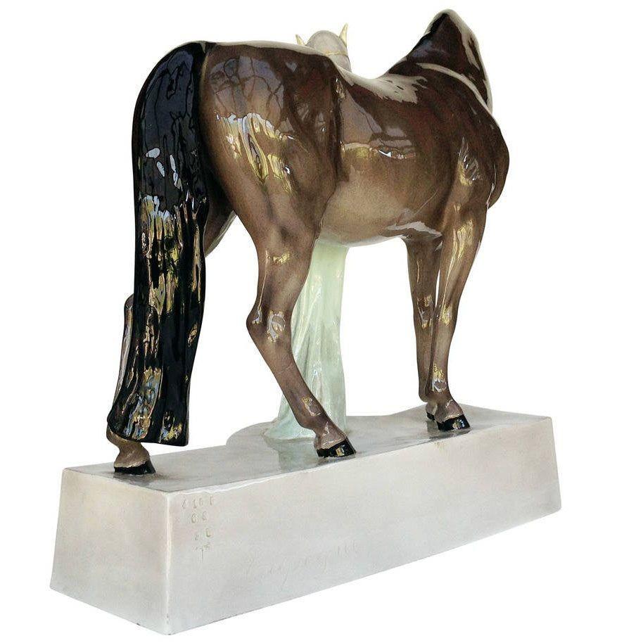 Art Deco Ceramic Valkyrie and Horse Sculpture by Stanislaus Capeque for Goldscheider For Sale