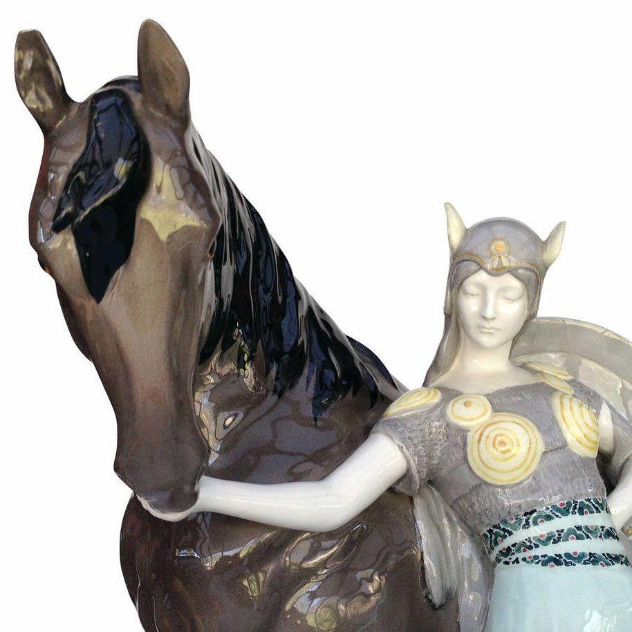 Austrian Ceramic Valkyrie and Horse Sculpture by Stanislaus Capeque for Goldscheider For Sale