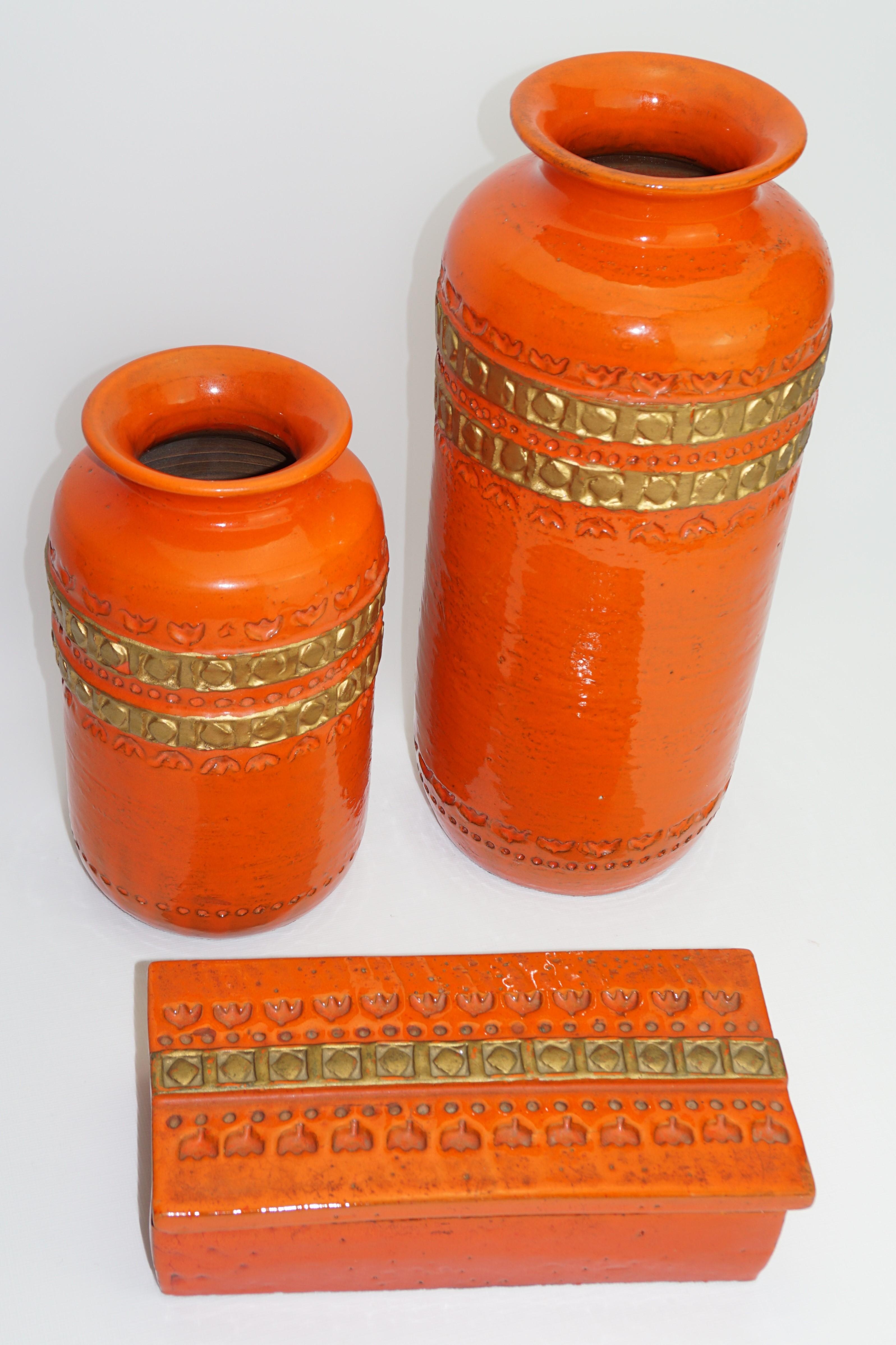 Ceramic Vase by Aldo Londi Bitossi, Orange/Gold Trim, Mid-Century, Italy, C 1960 For Sale 4