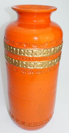 Ceramic Vase by Aldo Londi Bitossi, Orange/Gold Trim, Italy, Mid-Century, C 1960