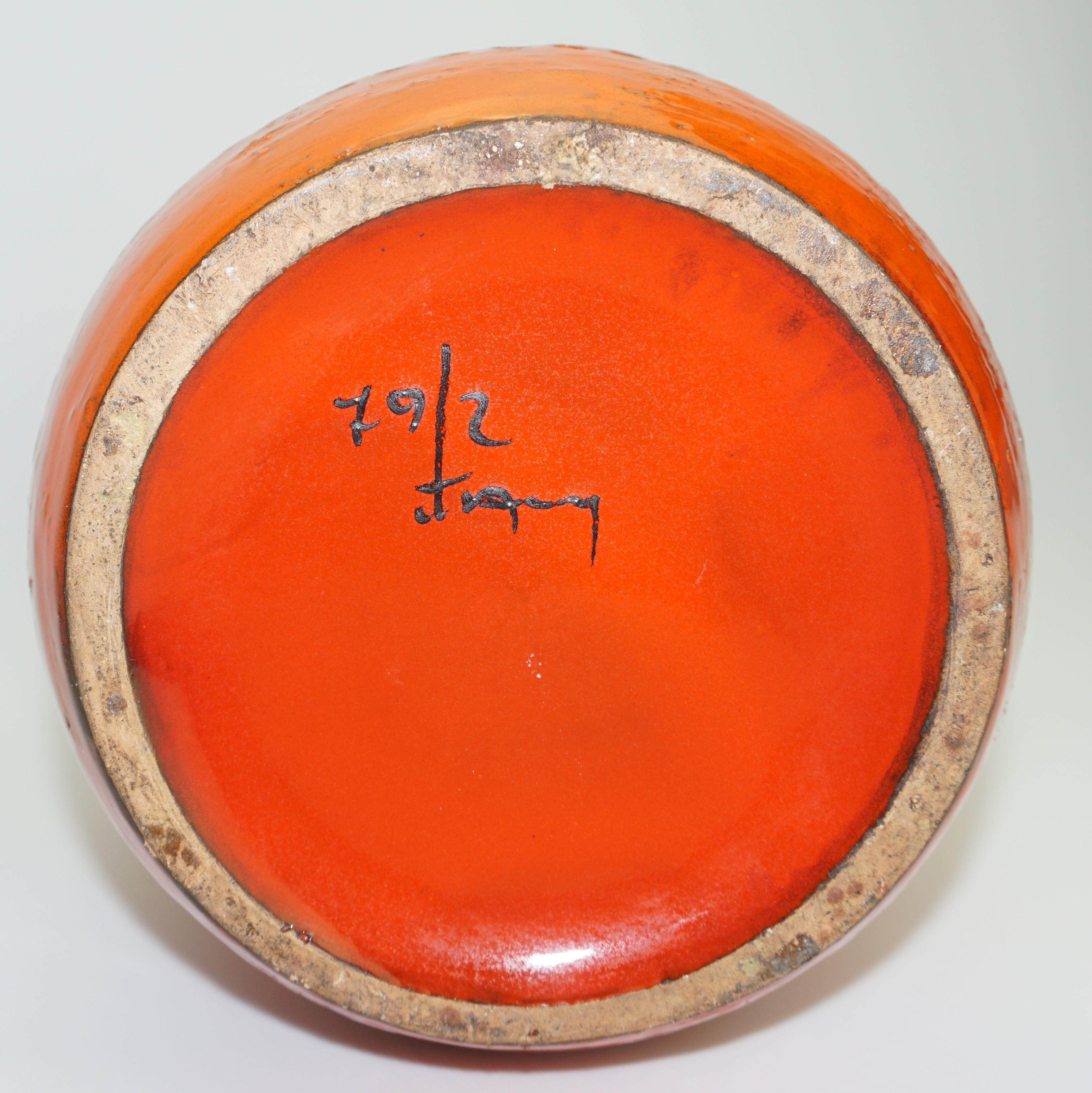 Hand-Crafted Ceramic Vase by Aldo Londi Bitossi, Orange/Gold Trim, Mid-Century, Italy, C 1960 For Sale