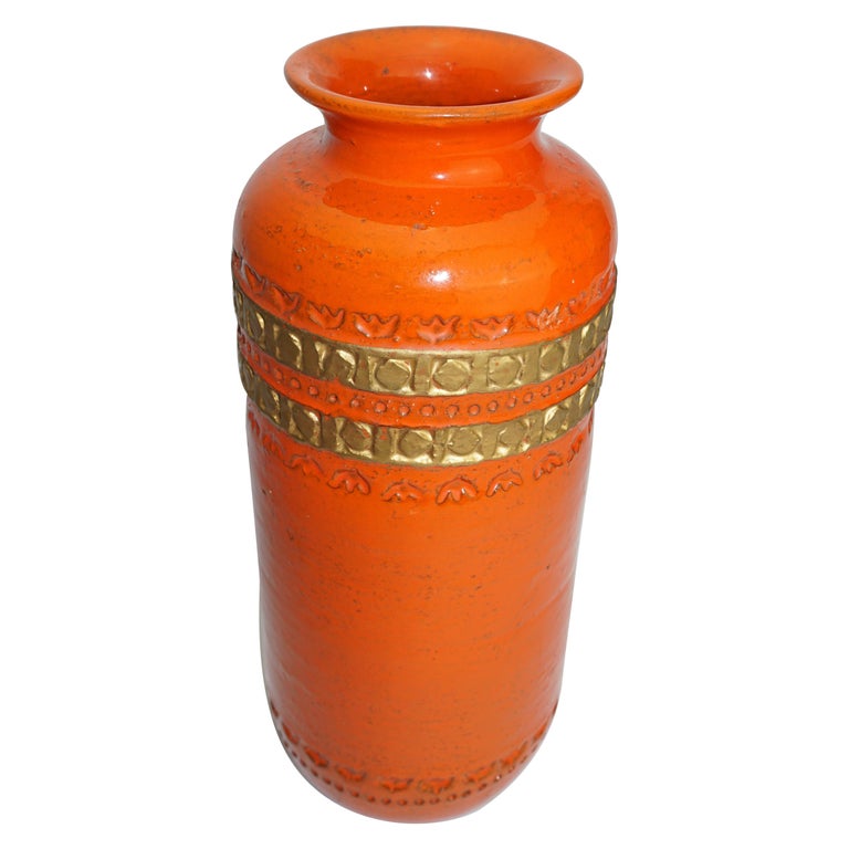 Ceramic Vase by Aldo Londi Bitossi, Italy, C 1960, Orange/Gold Trim,  Mid-Century For Sale at 1stDibs