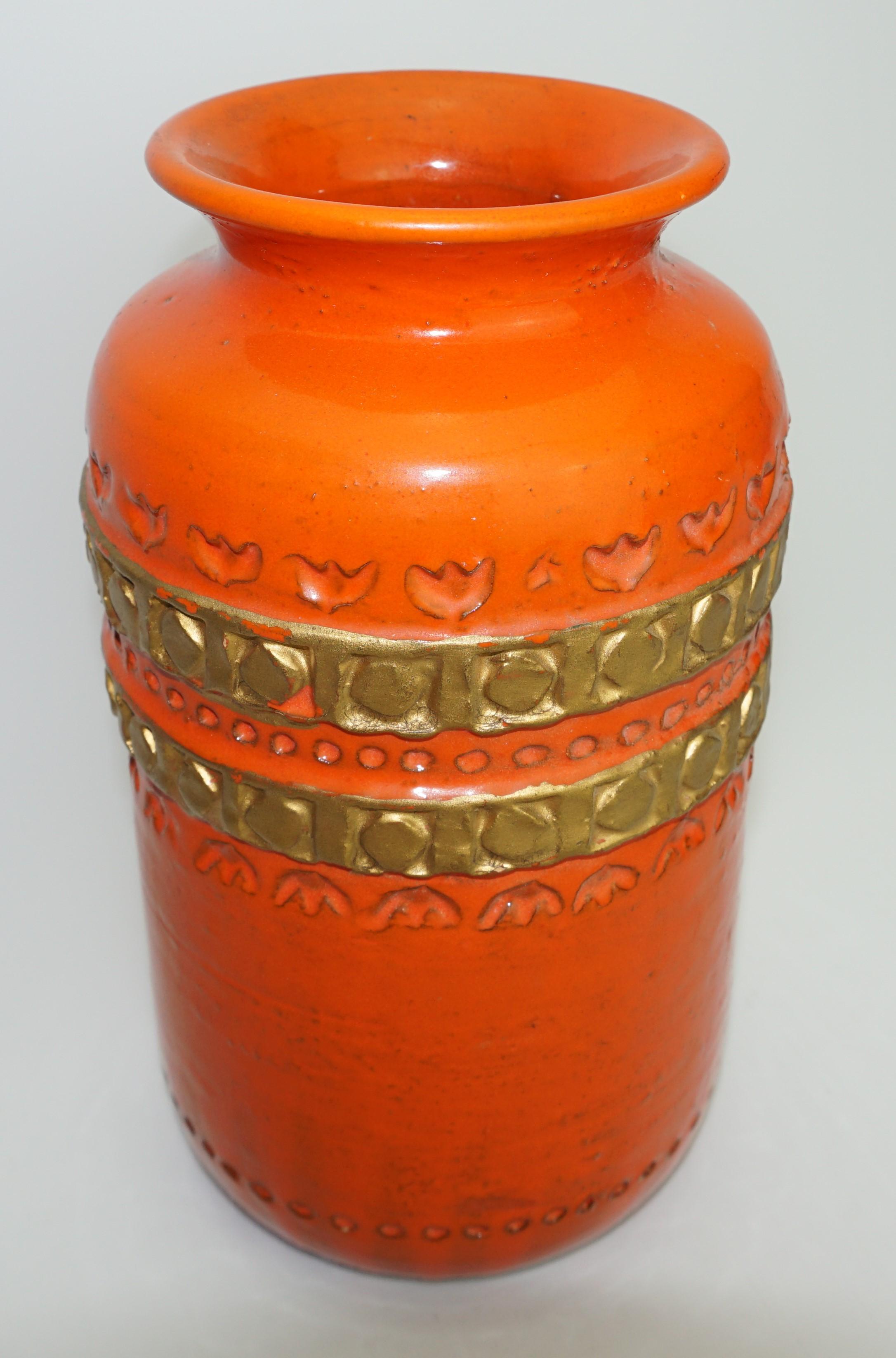 Keramikvase von Aldo Londi Bitossi, Orange mit Golddekoration, Italien, um 1960 (Handgefertigt) im Angebot