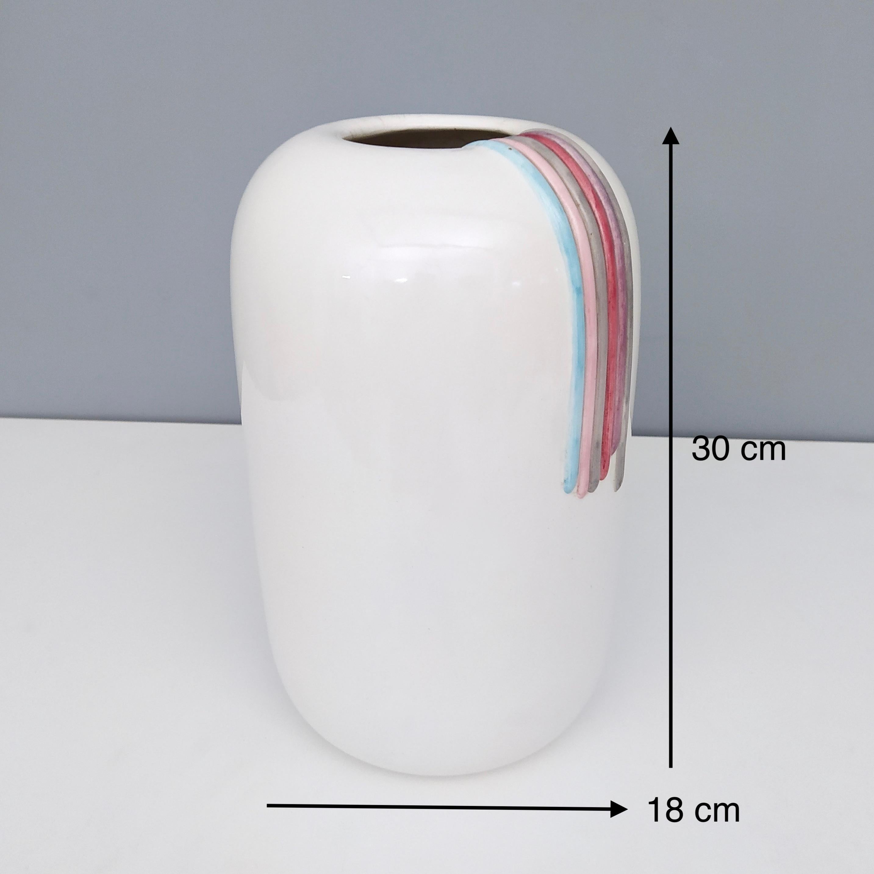 Postmodern White Ceramic Vase by Ambrogio Pozzi with Hand Painted Details, Italy For Sale 5
