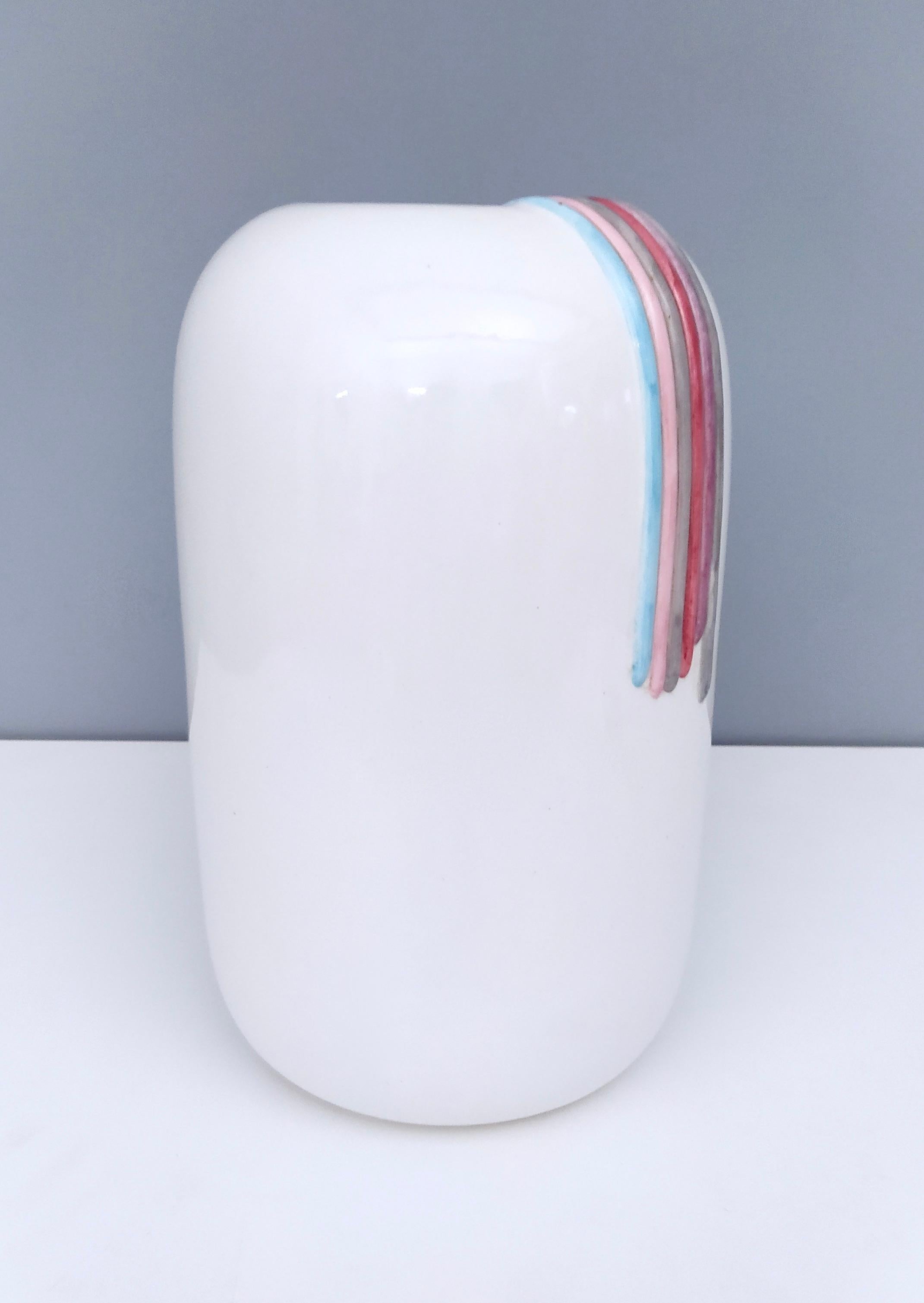 Italian Postmodern White Ceramic Vase by Ambrogio Pozzi with Hand Painted Details, Italy For Sale