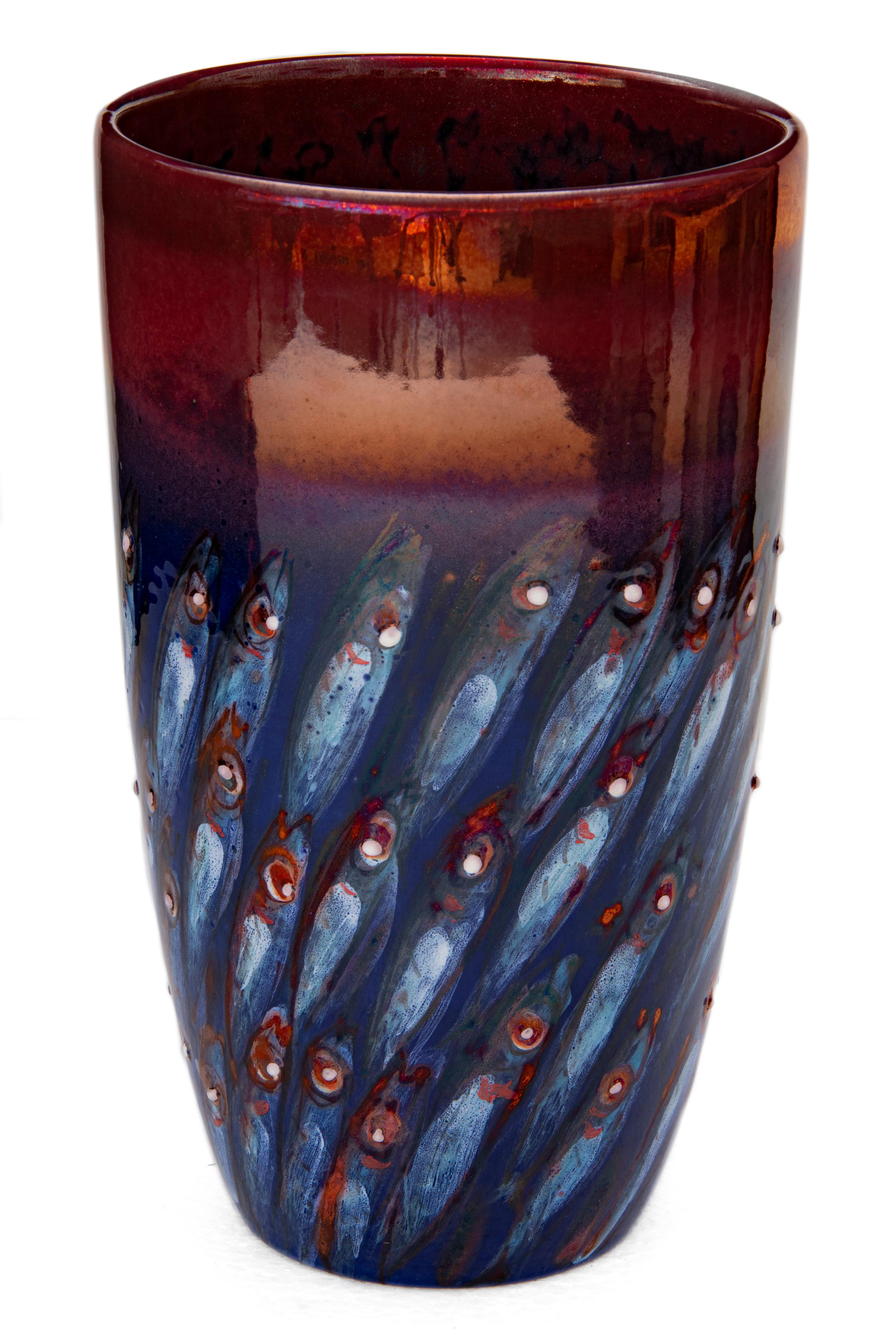 Sardine decor ceramic vase, full-fire reduction faience earthenware, unique piece, 2020, 26 cm height 

Bottega Vignoli is a brand of artistic ceramics based in Faenza, one of the most representative ceramic production centres in Italy. Founded in