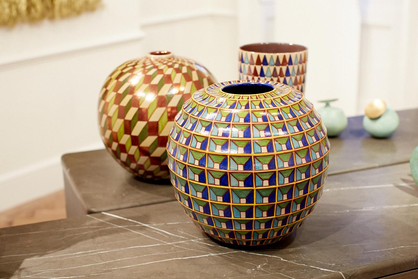 Cassettoni moon jar, full-fire reduction faience earthenware 35 cm diameter, unique piece, 2020.

Bottega Vignoli is a brand of artistic ceramics based in Faenza, one of the most representative ceramic production centres in Italy. Founded in 1976