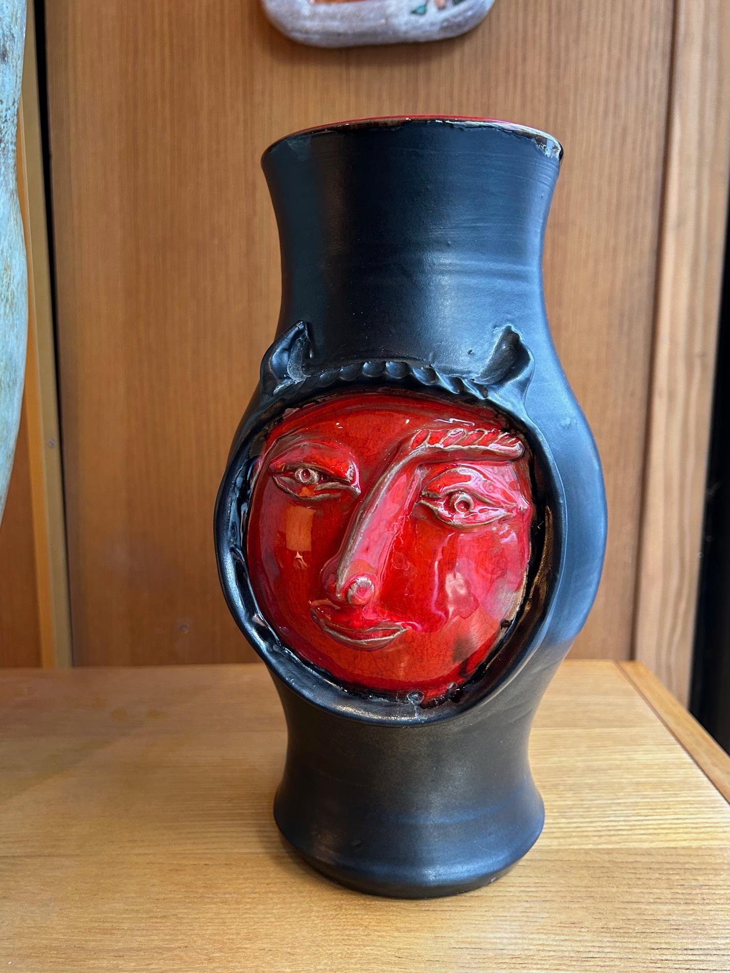 Ceramic vase by Frères Cloutier, red and black, signed, 1960's