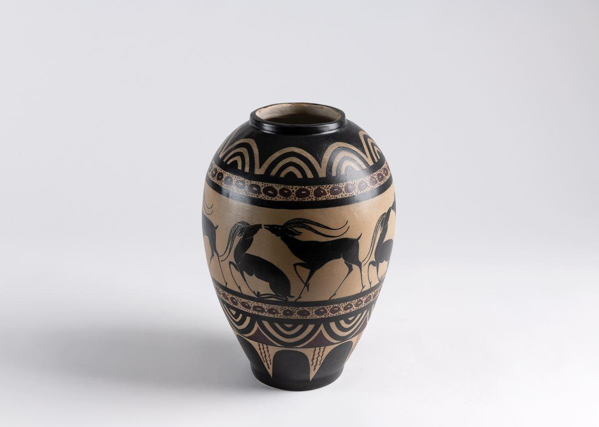 One of a set of beautiful ceramics from Ciboure Pottery, this piece is inspired by antiquity -- evident in its form (that of a vessel), its spare coloring, and its depiction of game. Executed by Etienne Vilotte, one of the
founders of the Ciboure