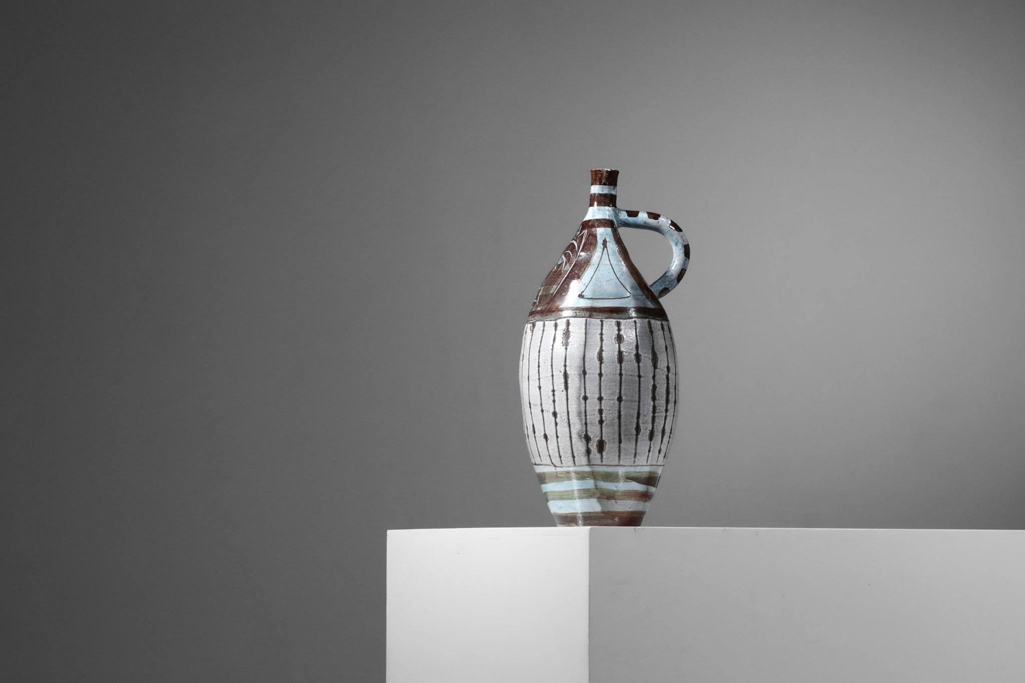 Mid-20th Century Ceramic Vase by Franco Cardinali Vallauris from the 50's Picasso Style For Sale