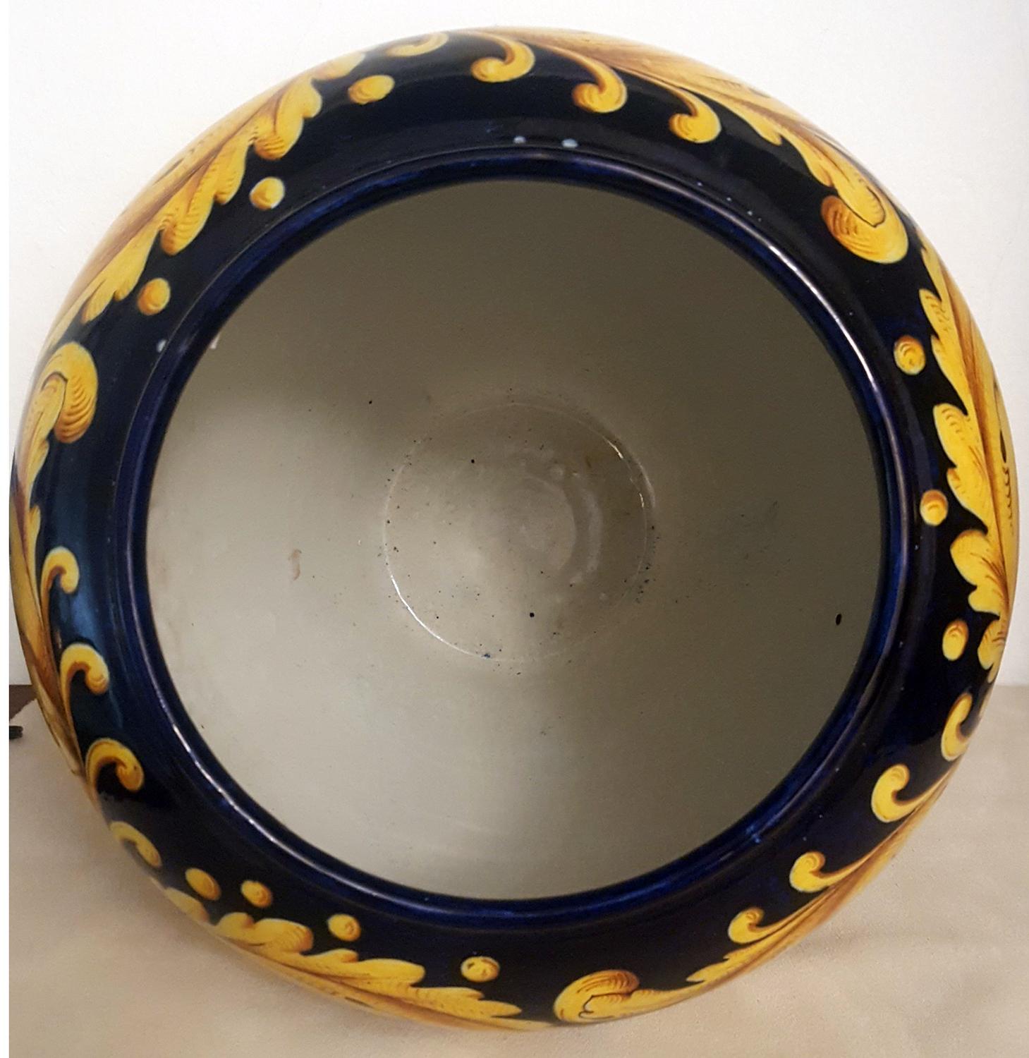 Italian Ceramic Vase by Ginori in Blue with Golden Yellow Decoration, Italy, 1970s For Sale