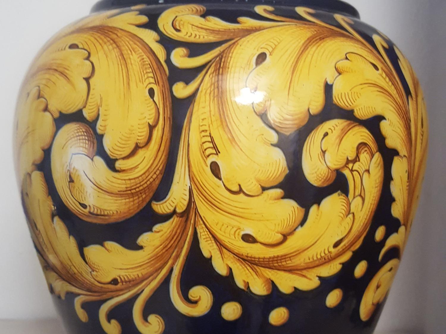 Late 20th Century Ceramic Vase by Ginori in Blue with Golden Yellow Decoration, Italy, 1970s For Sale