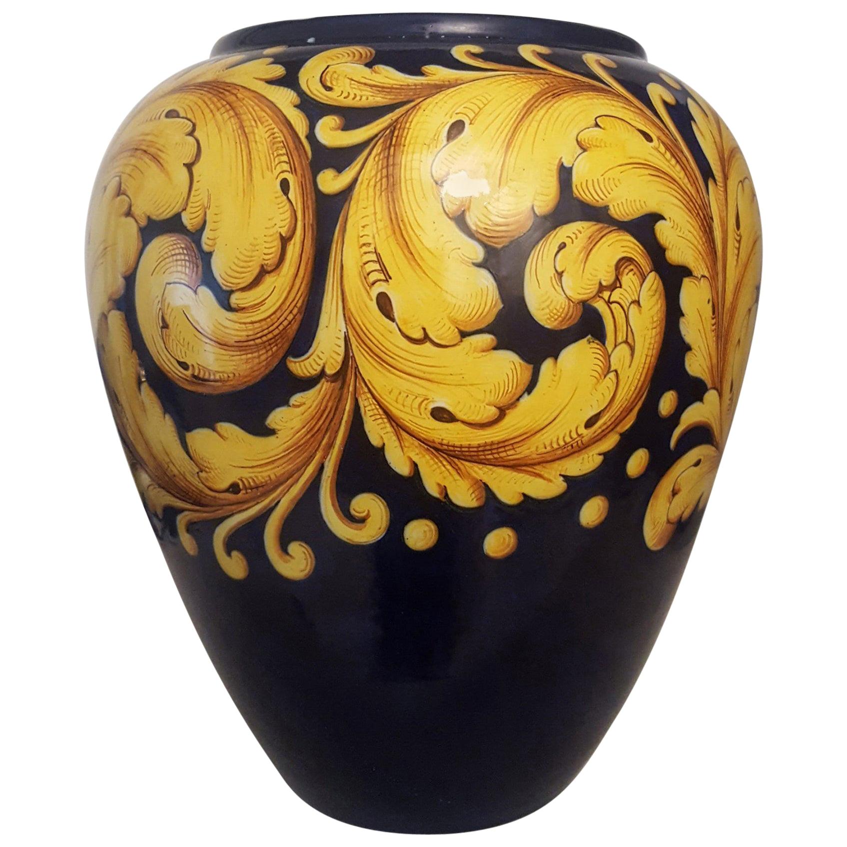 Ceramic Vase by Ginori in Blue with Golden Yellow Decoration, Italy, 1970s For Sale