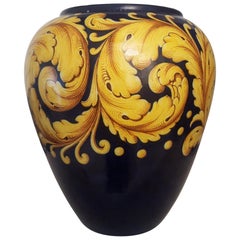 Ceramic Vase by Ginori in Blue with Golden Yellow Decoration, Italy, 1970s