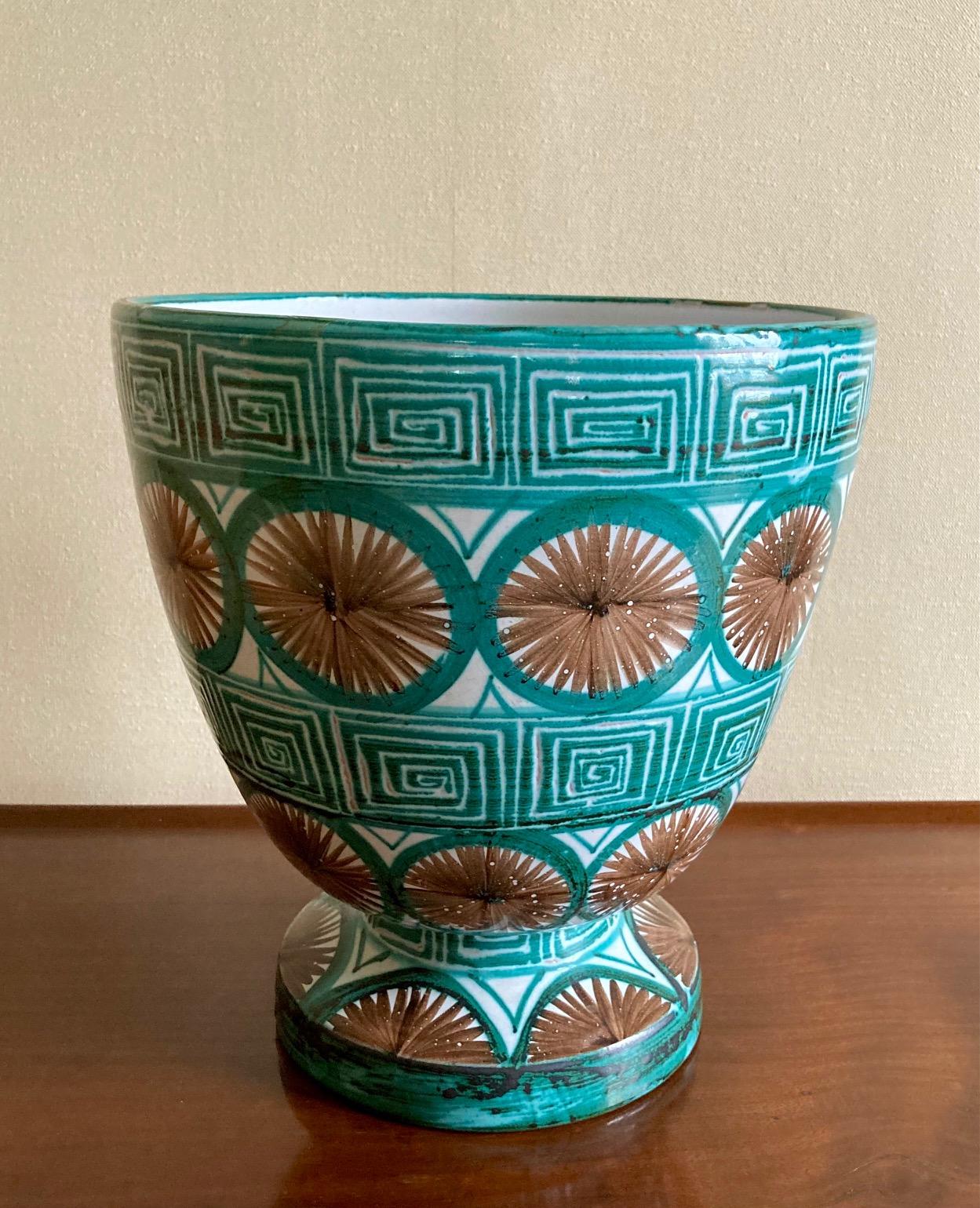 Decorative ceramic vase by Robert Picault. 
Geometric pattern in white, green and brown glazes.
Signed under the base 