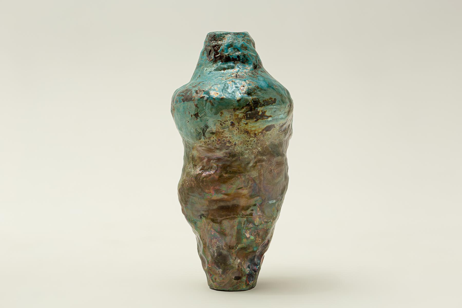Glazed Ceramic Vase Fired in Raku Technique, Handmade, Unique Art For Sale