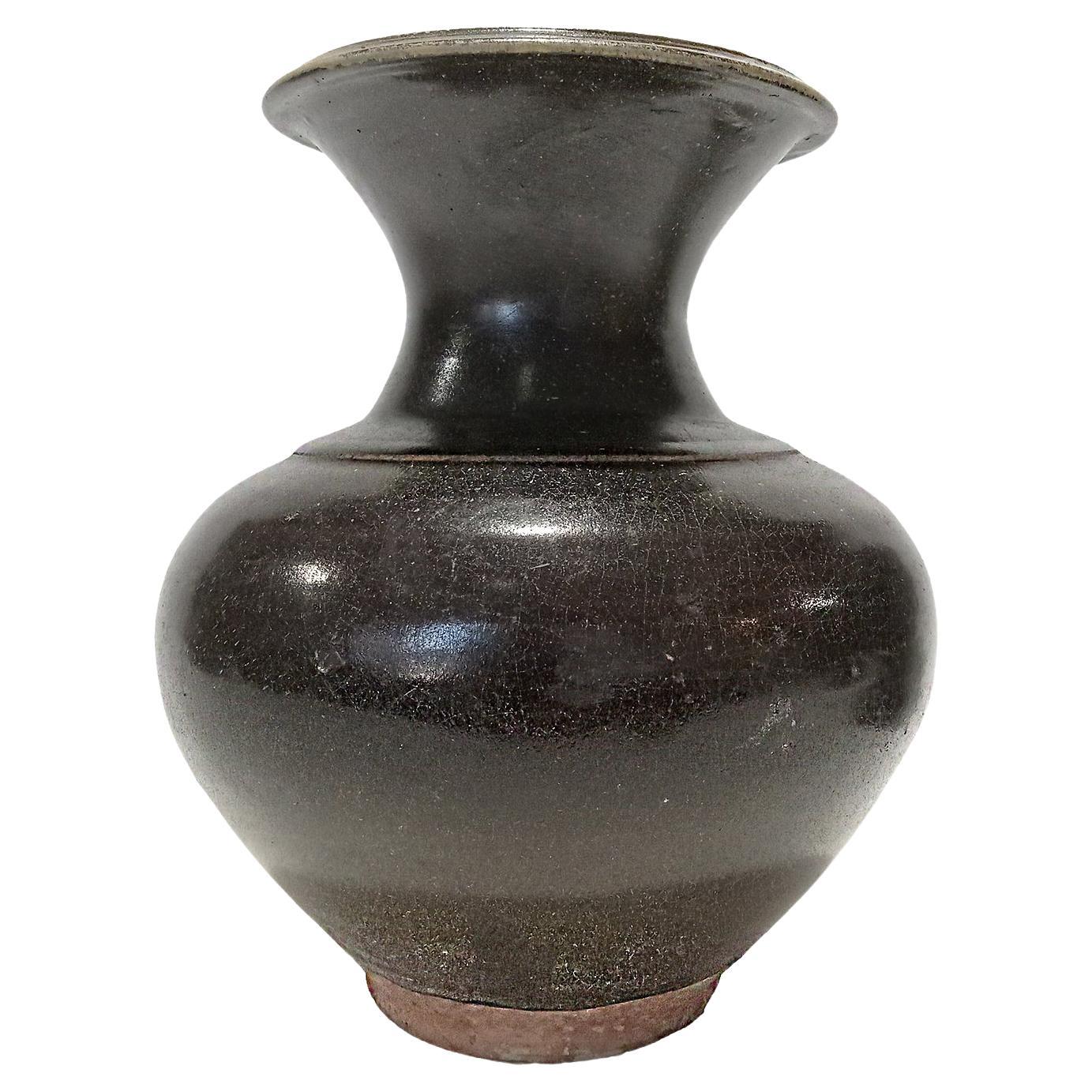 Ceramic Vase from Thailand, in Black / Brown Glaze For Sale