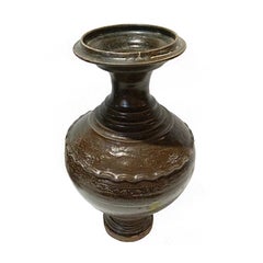 Khmer Style Ceramic Vase, Hand-Crafted Earthenware, Brown Glaze, 18th Century