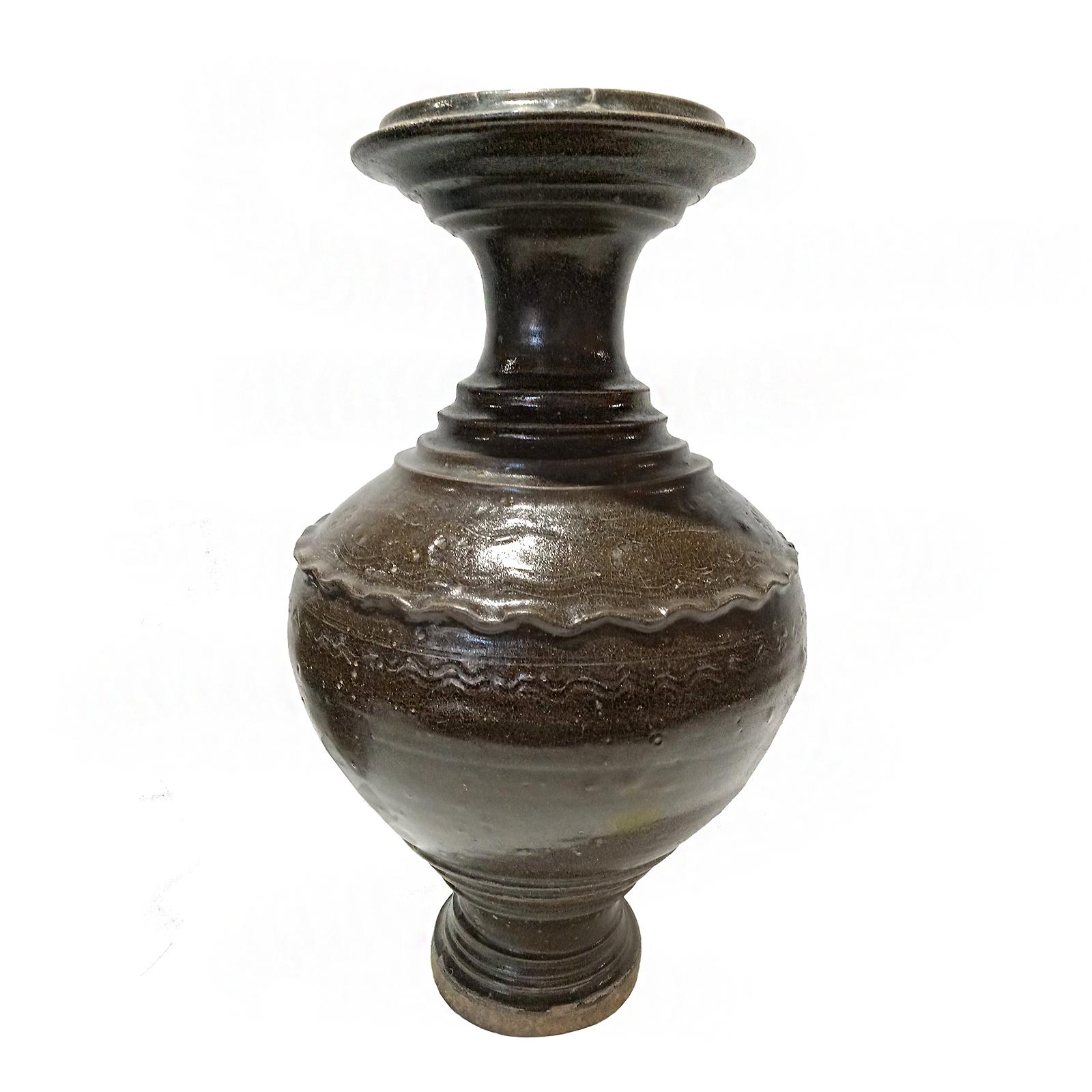 Glazed Ceramic Vase from Thailand, in Dark Brown Glaze For Sale