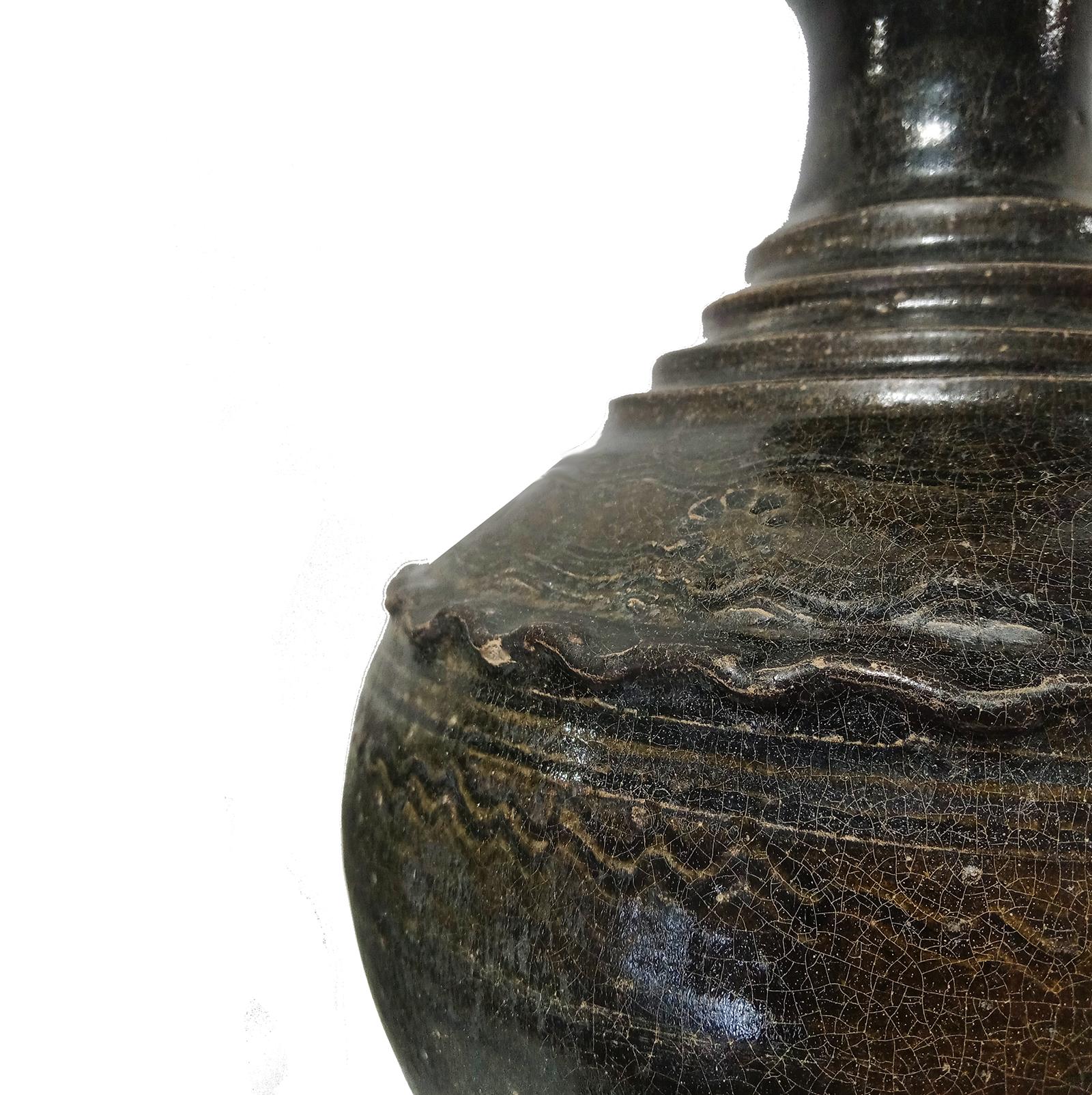Ceramic Vase from Thailand, in Dark Brown Glaze For Sale 2