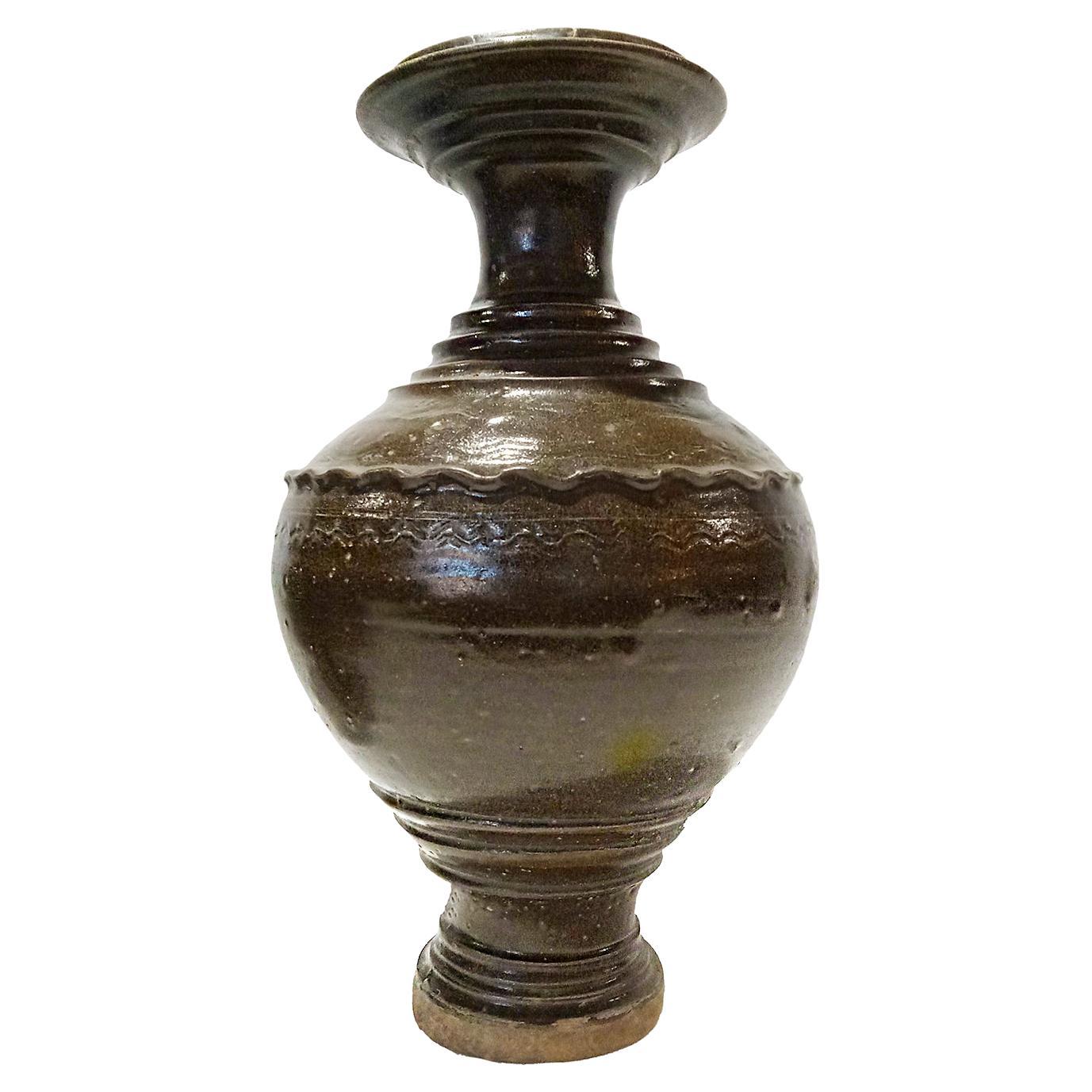 Ceramic Vase from Thailand, in Dark Brown Glaze For Sale