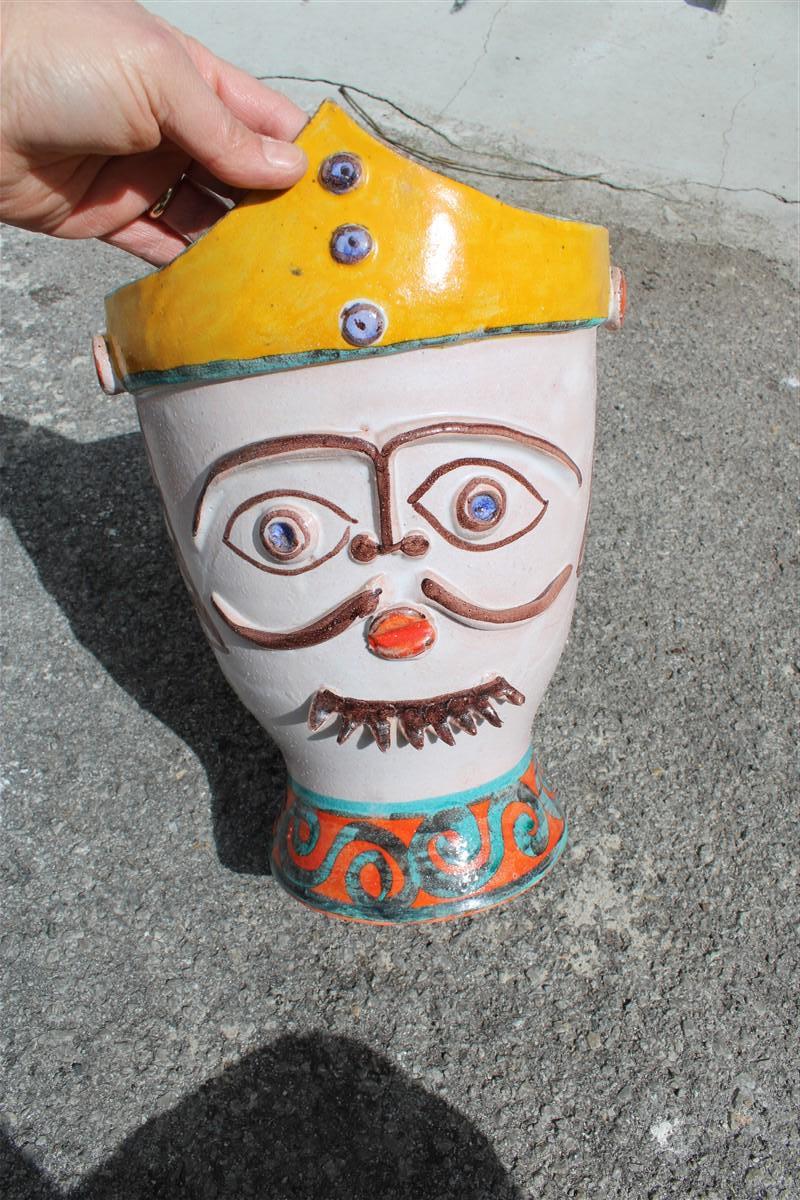 Mid-20th Century Ceramic Vase Giovanni de Simone Sicily 1960s Colored Face of Soldier Uniform For Sale