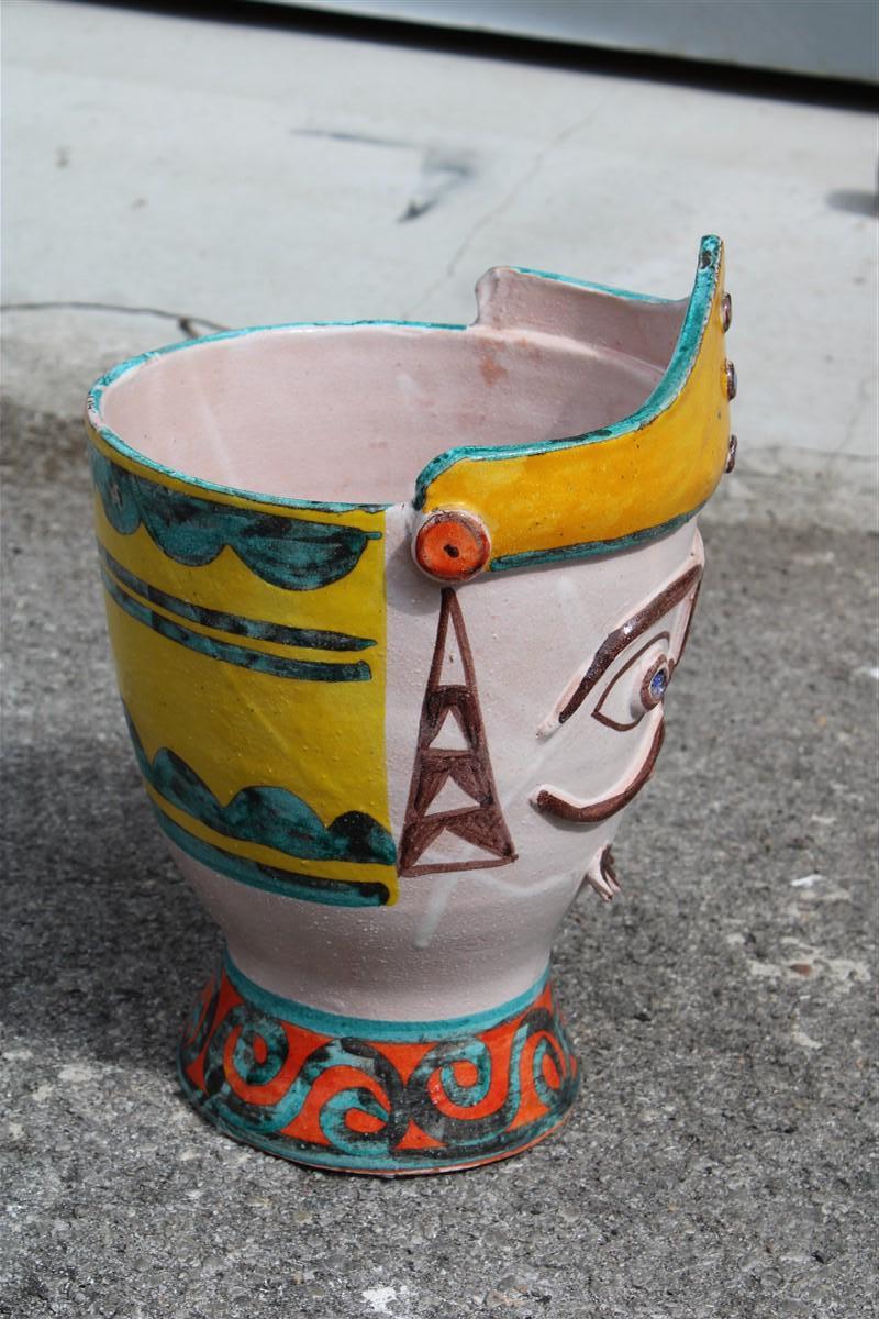 Ceramic Vase Giovanni de Simone Sicily 1960s Colored Face of Soldier Uniform For Sale 2