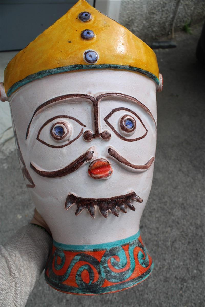 Ceramic Vase Giovanni de Simone Sicily 1960s Colored Face of Soldier Uniform For Sale 3