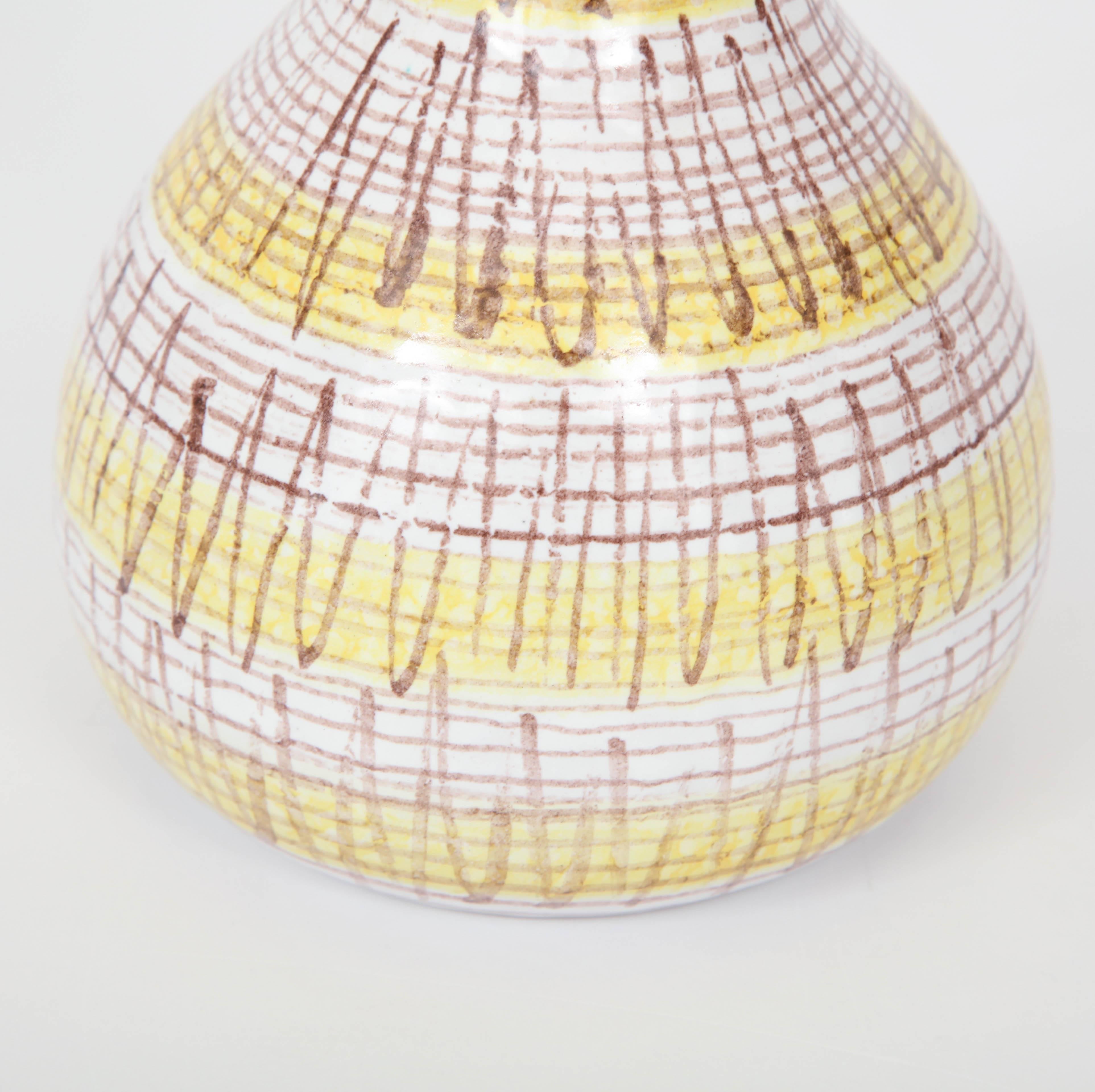 Hand-Crafted Ceramic Vase, Mid-Century Italian, Yellow, Brown and White, circa 1950, Vessel
