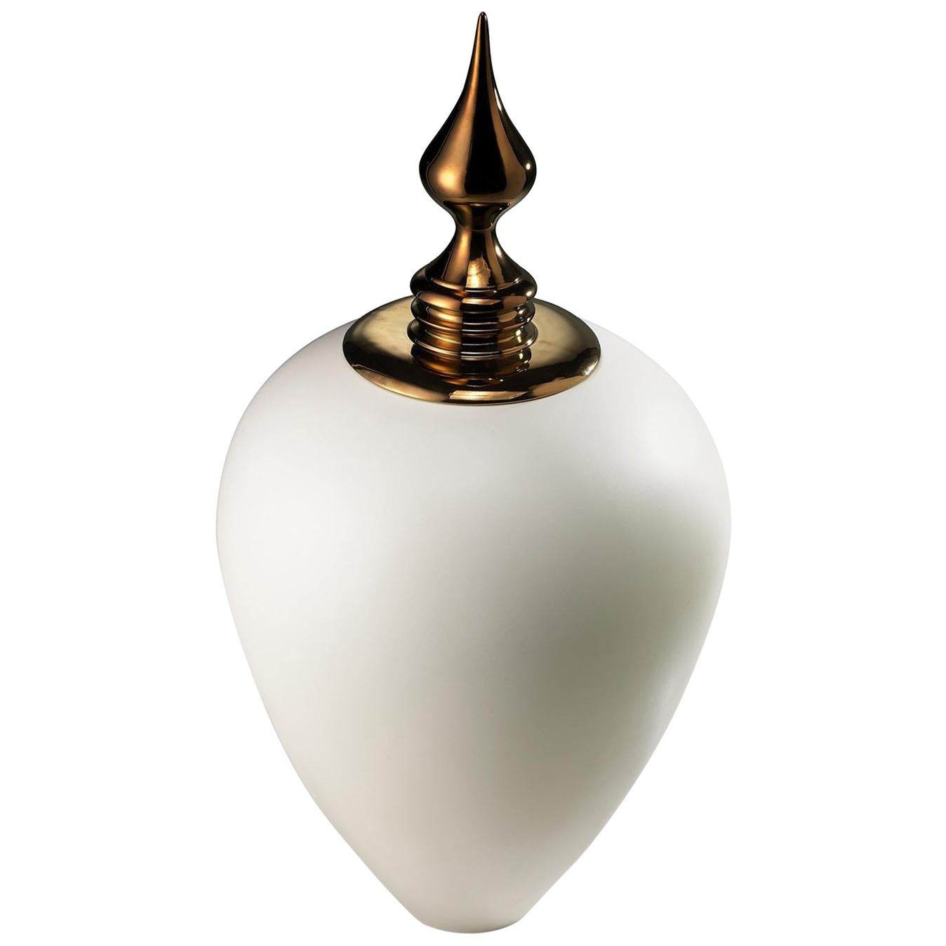 Ceramic Vase "NADIRA" White Glazed with Bronze Top by Gabriella B. Made in Italy For Sale