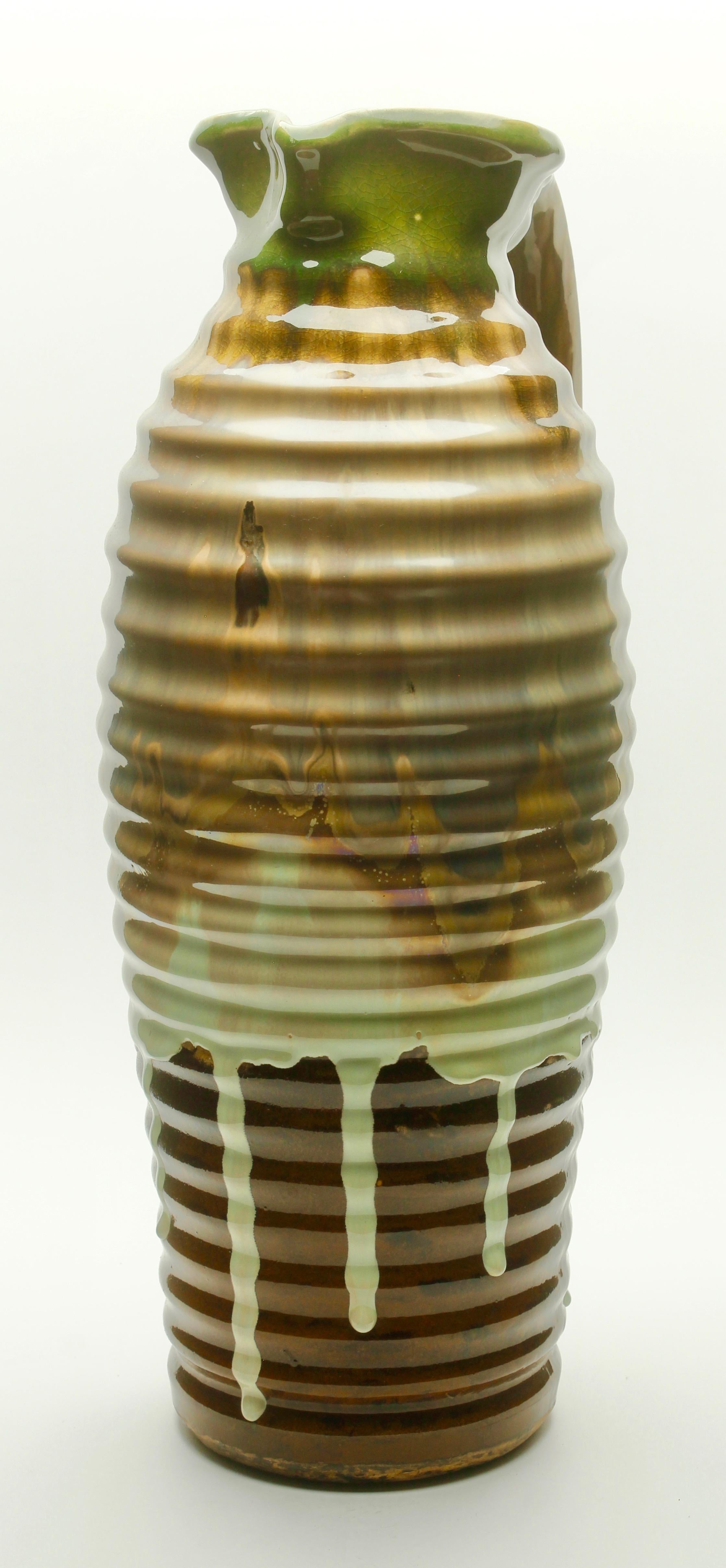 Keramikvase oder Krug, schöne Glasur in Braun- und Grüntönen, um 1930 im Angebot 3