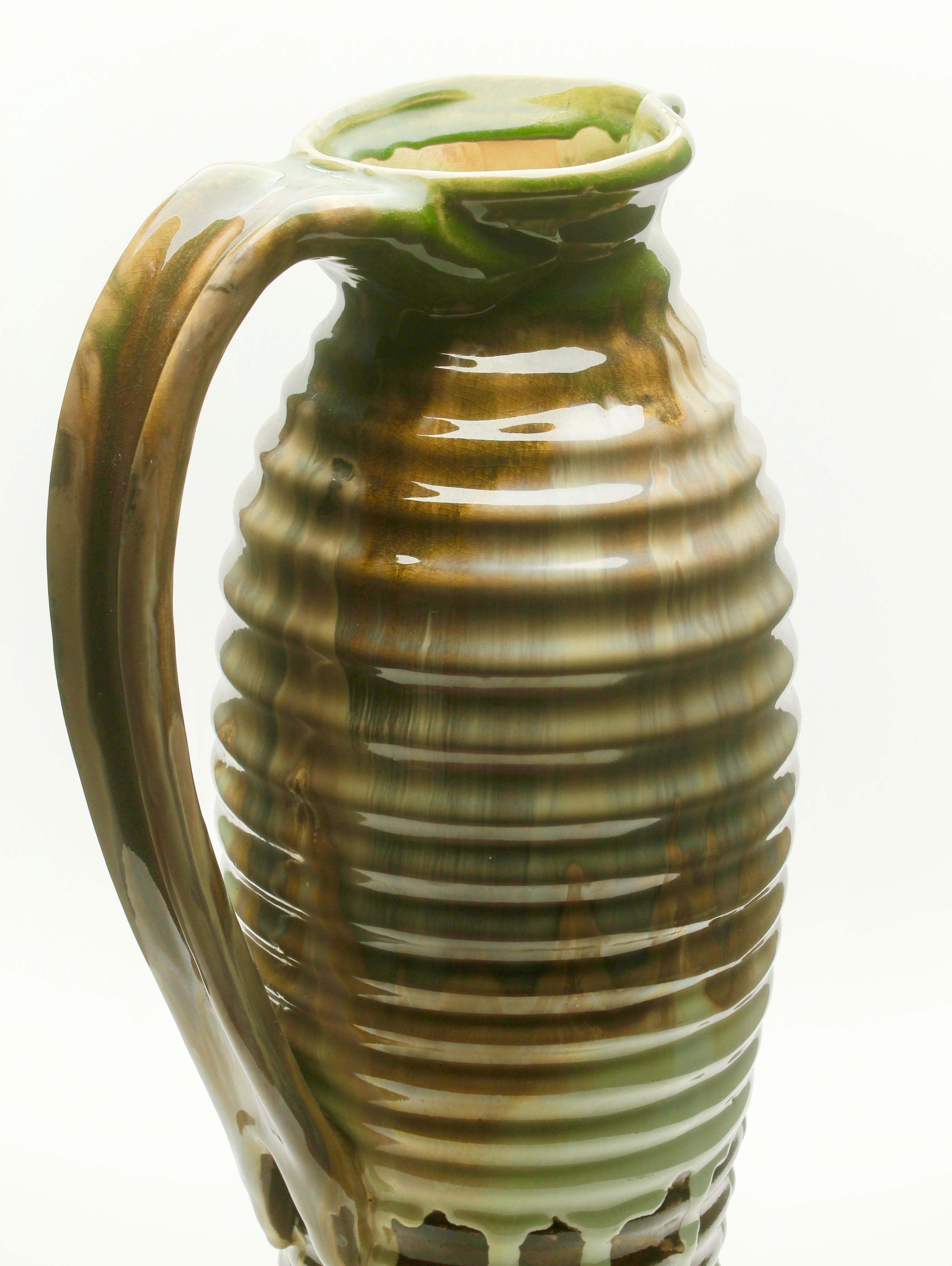 French Ceramic Vase or Pitcher Beautiful Glaze in Shades of Brown and Green, circa 1930 For Sale