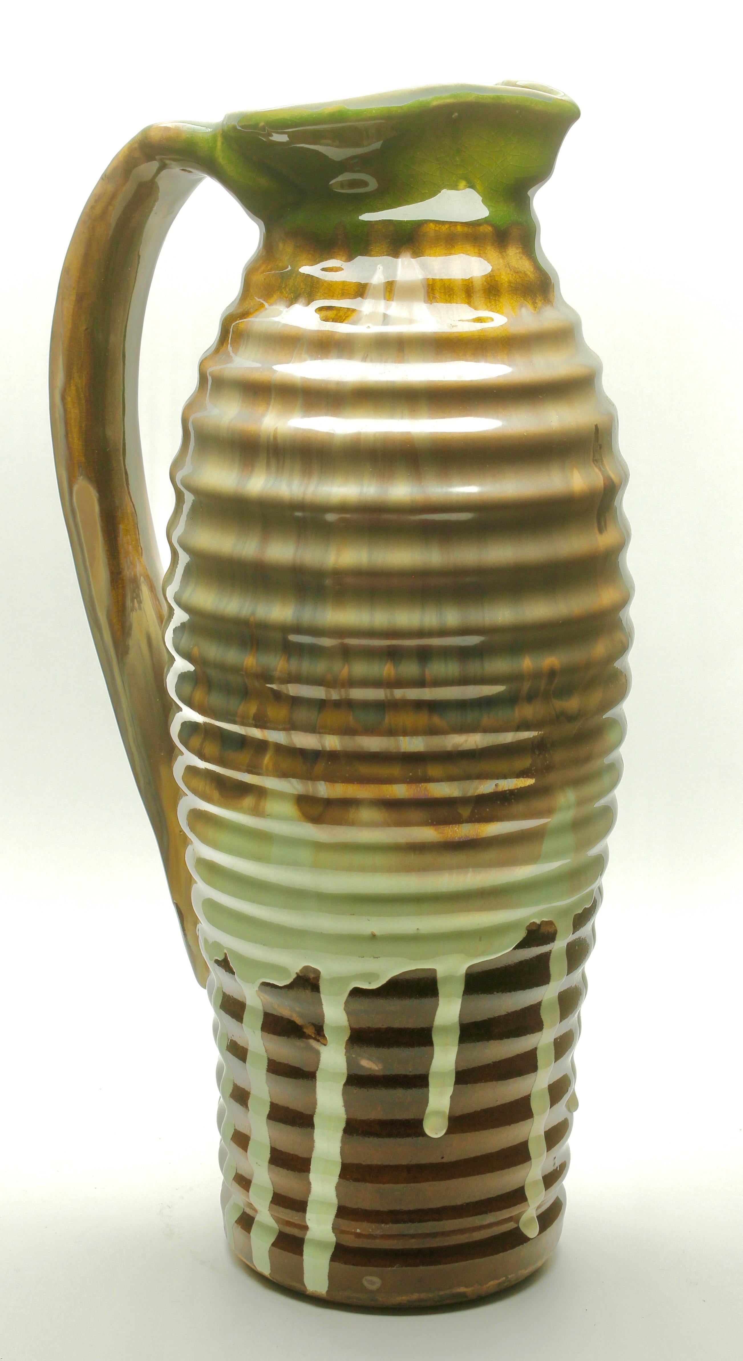 Glazed Ceramic Vase or Pitcher Beautiful Glaze in Shades of Brown and Green, circa 1930 For Sale