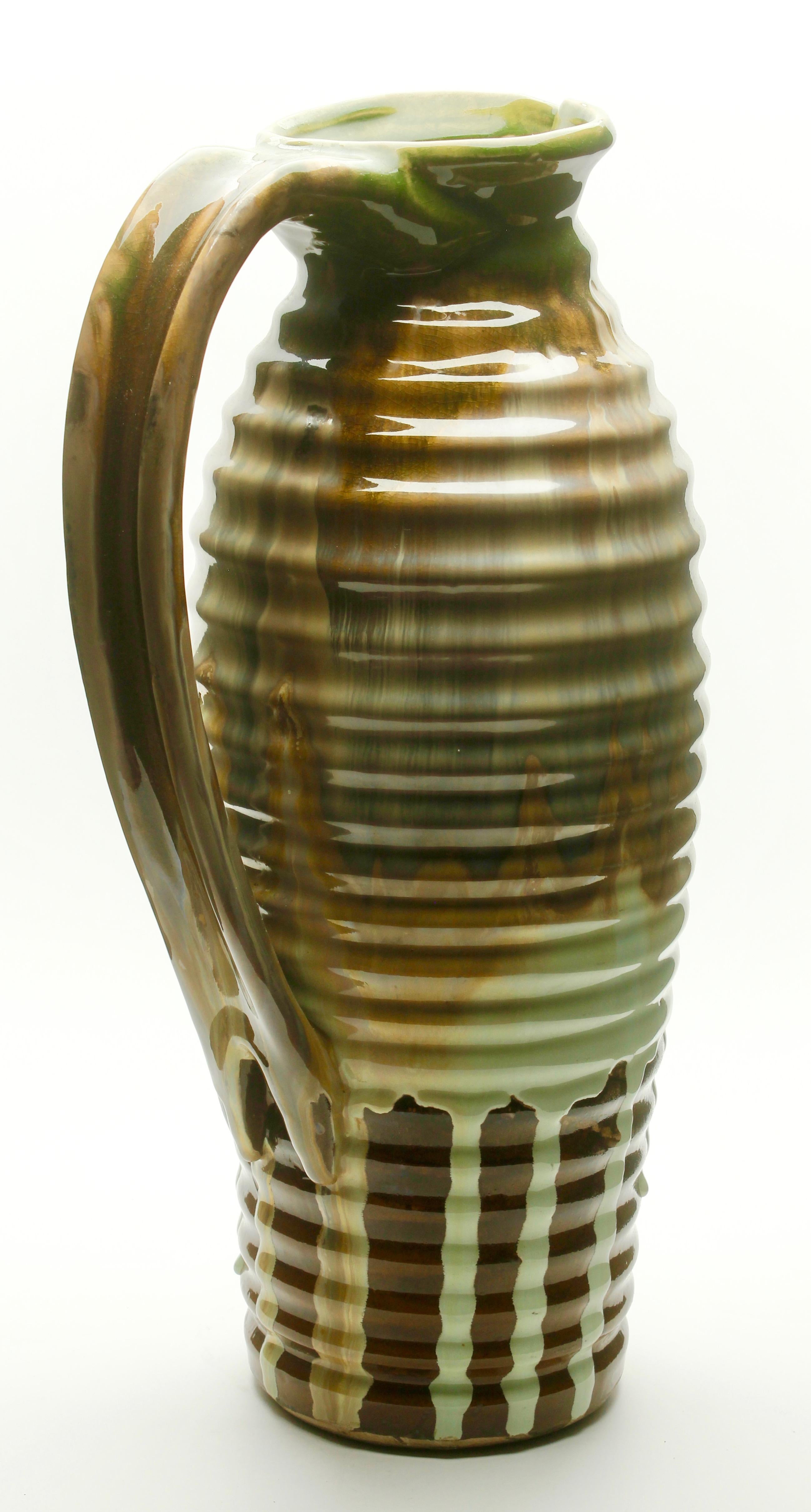 Keramikvase oder Krug, schöne Glasur in Braun- und Grüntönen, um 1930 im Angebot 2
