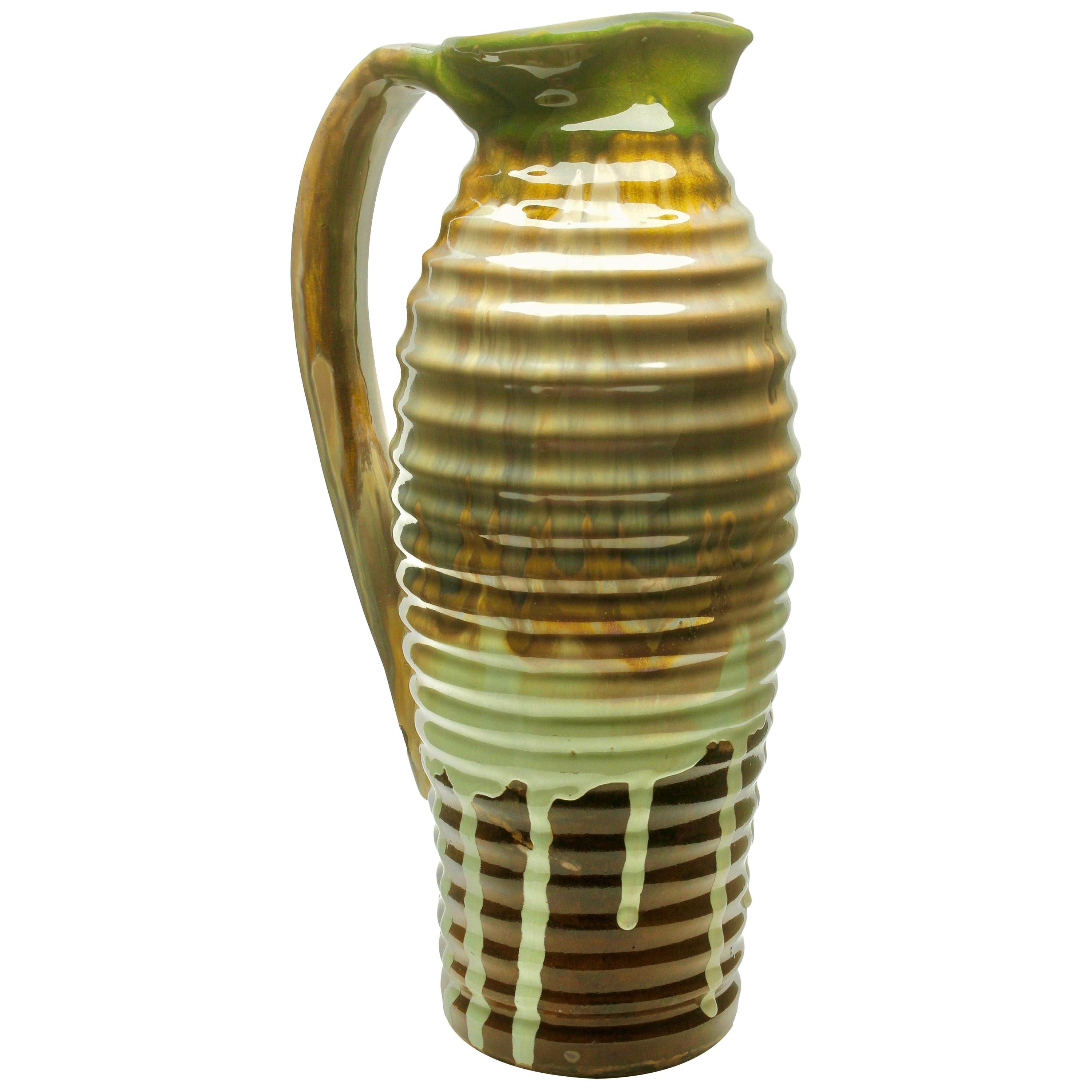 Jarrón o Jarra de Cerámica Precioso Esmalte en Tonos Marrones y Verdes, circa 1930