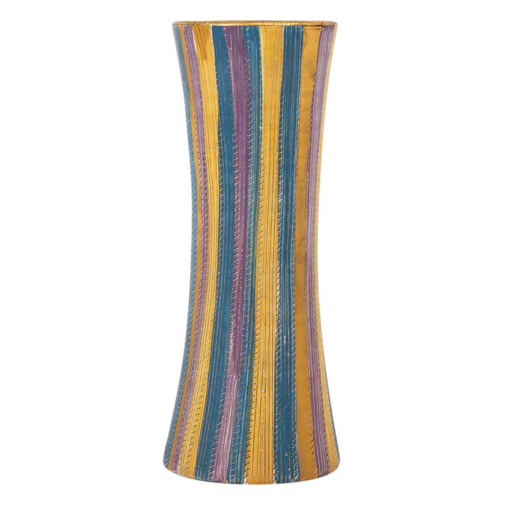 italien Vase Elbee, rayures en céramique, pastel et or, signé
