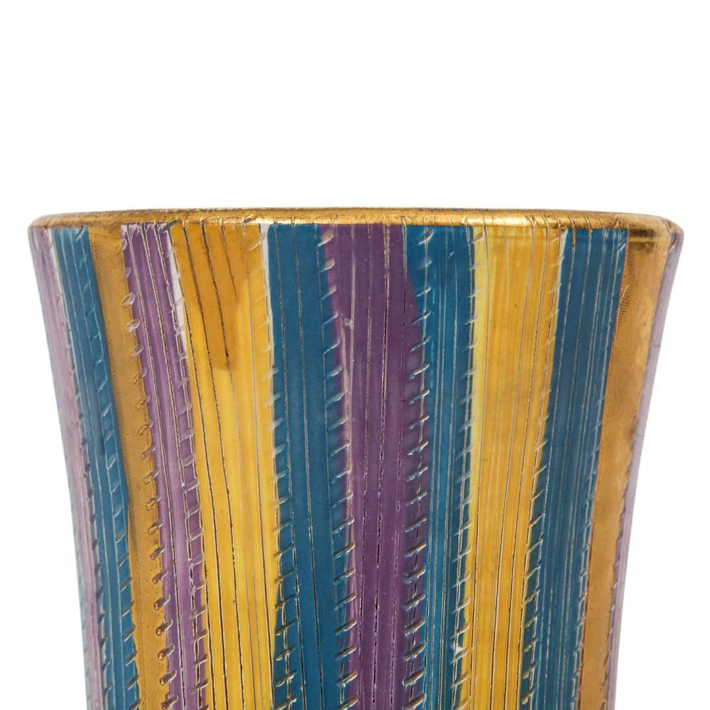 Italian Elbee Vase, Ceramic Stripes, Pastel and Gold, Signed