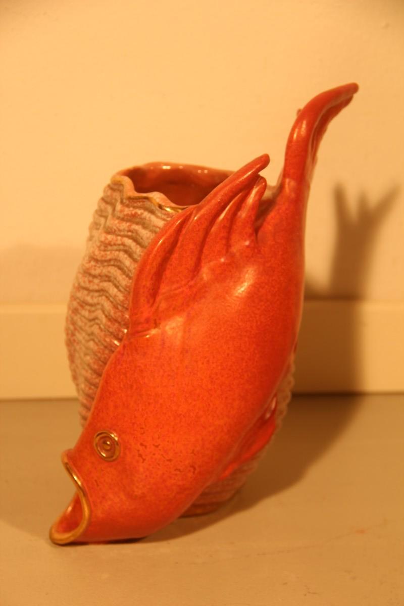 Ceramic vase red fish Mid-Century Modern Italian design 1950s gold parts.
