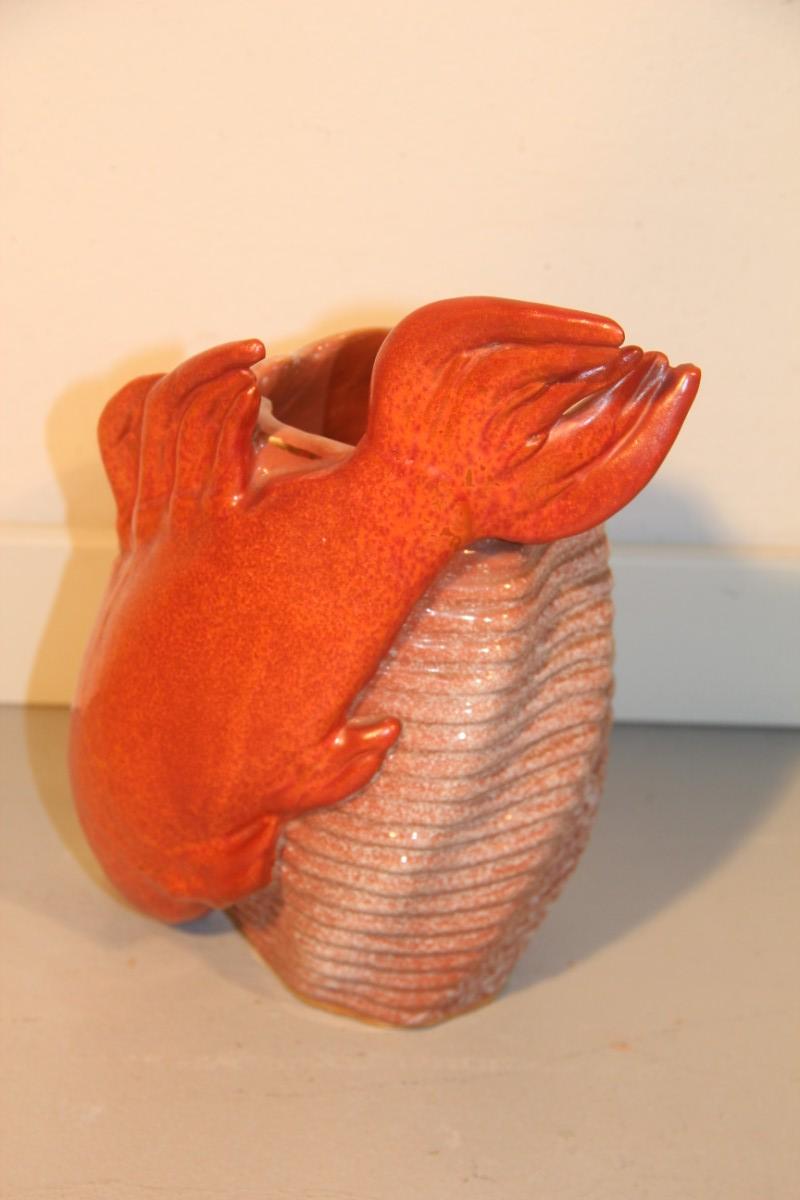 Ceramic Vase Red Fish Mid-Century Modern Italian Design 1950s Gold Parts In Good Condition For Sale In Palermo, Sicily