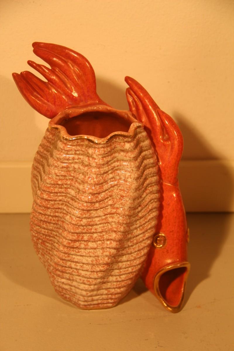 Mid-20th Century Ceramic Vase Red Fish Mid-Century Modern Italian Design 1950s Gold Parts For Sale