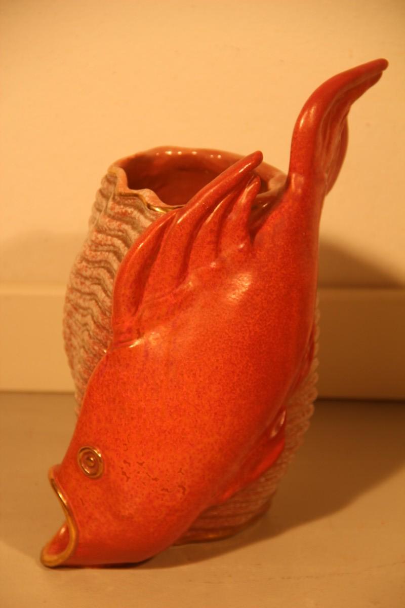 Ceramic Vase Red Fish Mid-Century Modern Italian Design 1950s Gold Parts For Sale 1