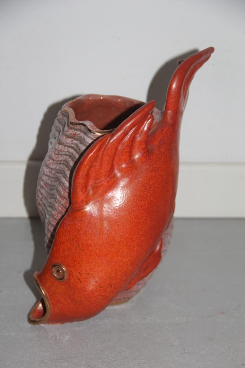 Ceramic Vase Red Fish Mid-Century Modern Italian Design 1950s Gold Parts For Sale 2