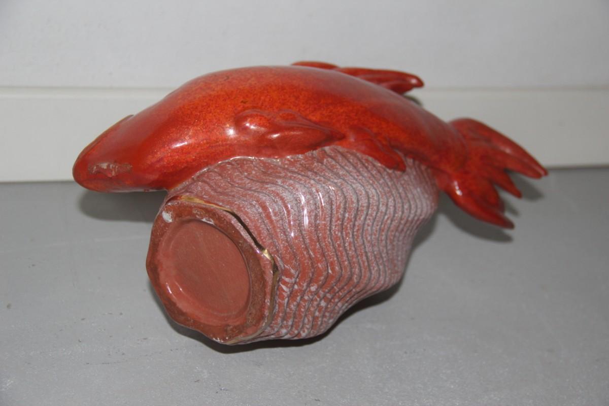 Ceramic Vase Red Fish Mid-Century Modern Italian Design 1950s Gold Parts For Sale 3