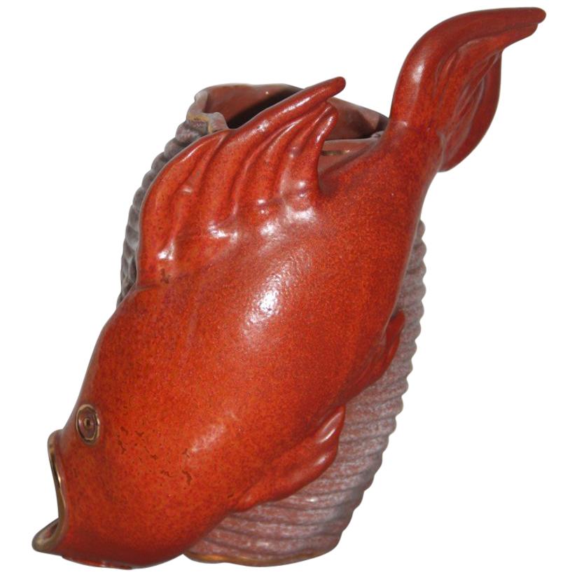 Ceramic Vase Red Fish Mid-Century Modern Italian Design 1950s Gold Parts For Sale