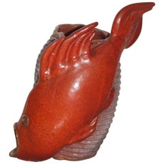Ceramic Vase Red Fish Mid-Century Modern Italian Design 1950s Gold Parts