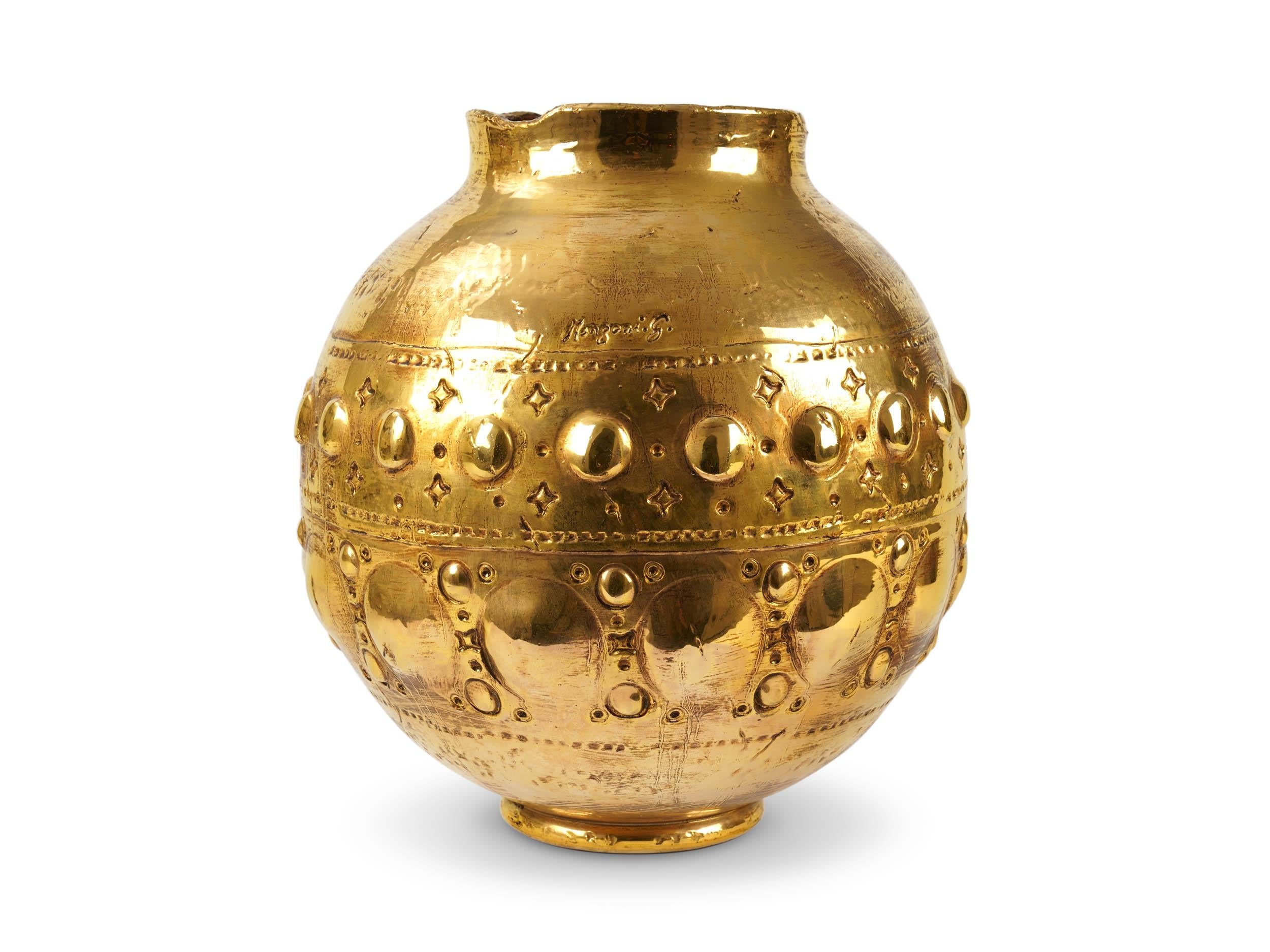 Modern Ceramic Vase Vessel 24 Karat Gold Luster Sculpture Spherical Centerpiece, Italy  For Sale