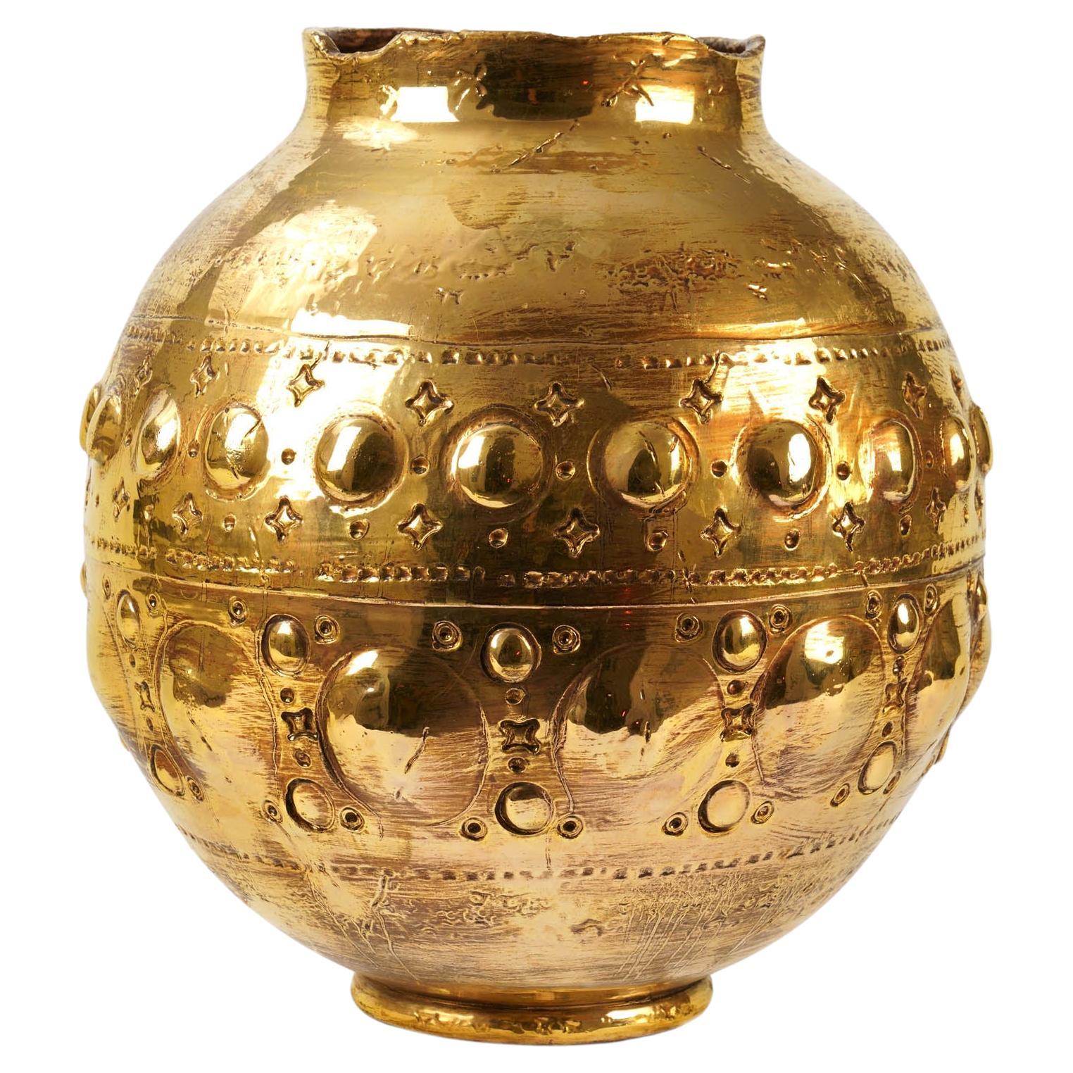 Ceramic Vase Vessel 24 Karat Gold Luster Sculpture Spherical Centerpiece, Italy  For Sale
