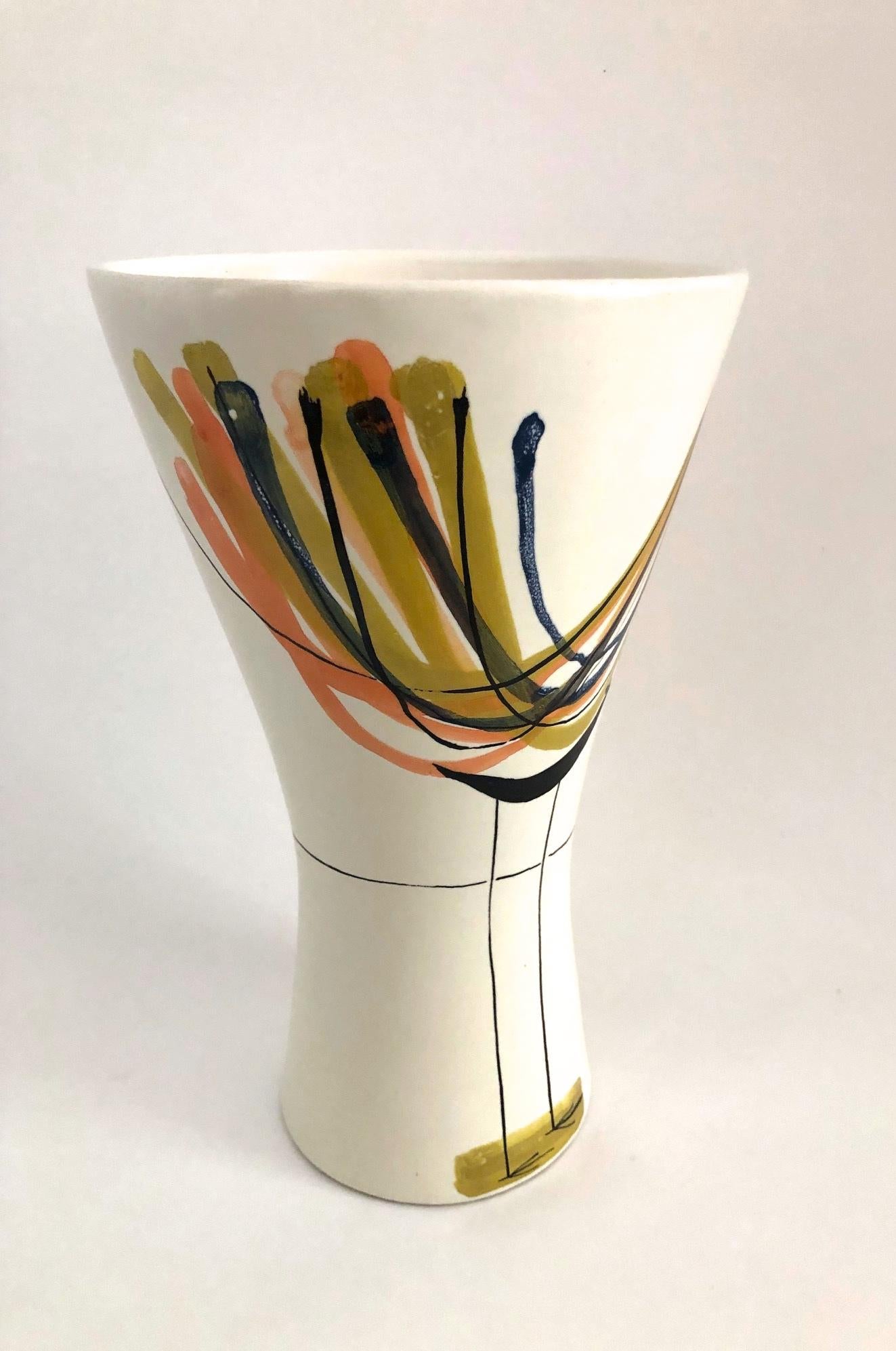 Mid-20th Century Ceramic Vase with Bird and Flower Signed by Roger Capron Vallauris, 1950s